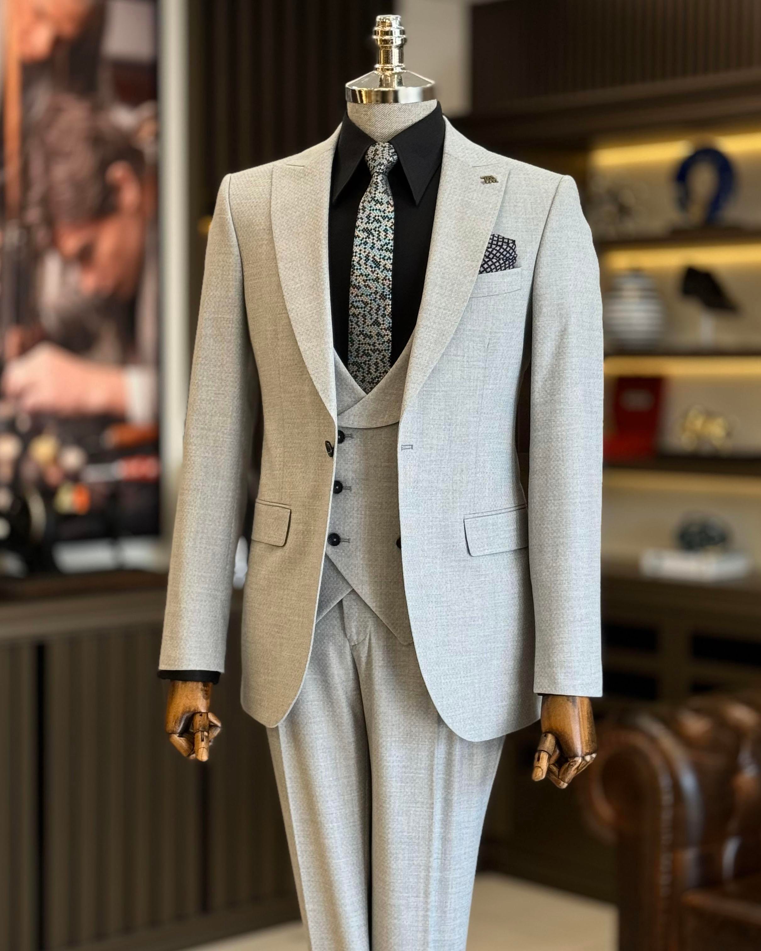 İtalyan stil slim fit ceket yelek pantolon takım elbise gri T10869