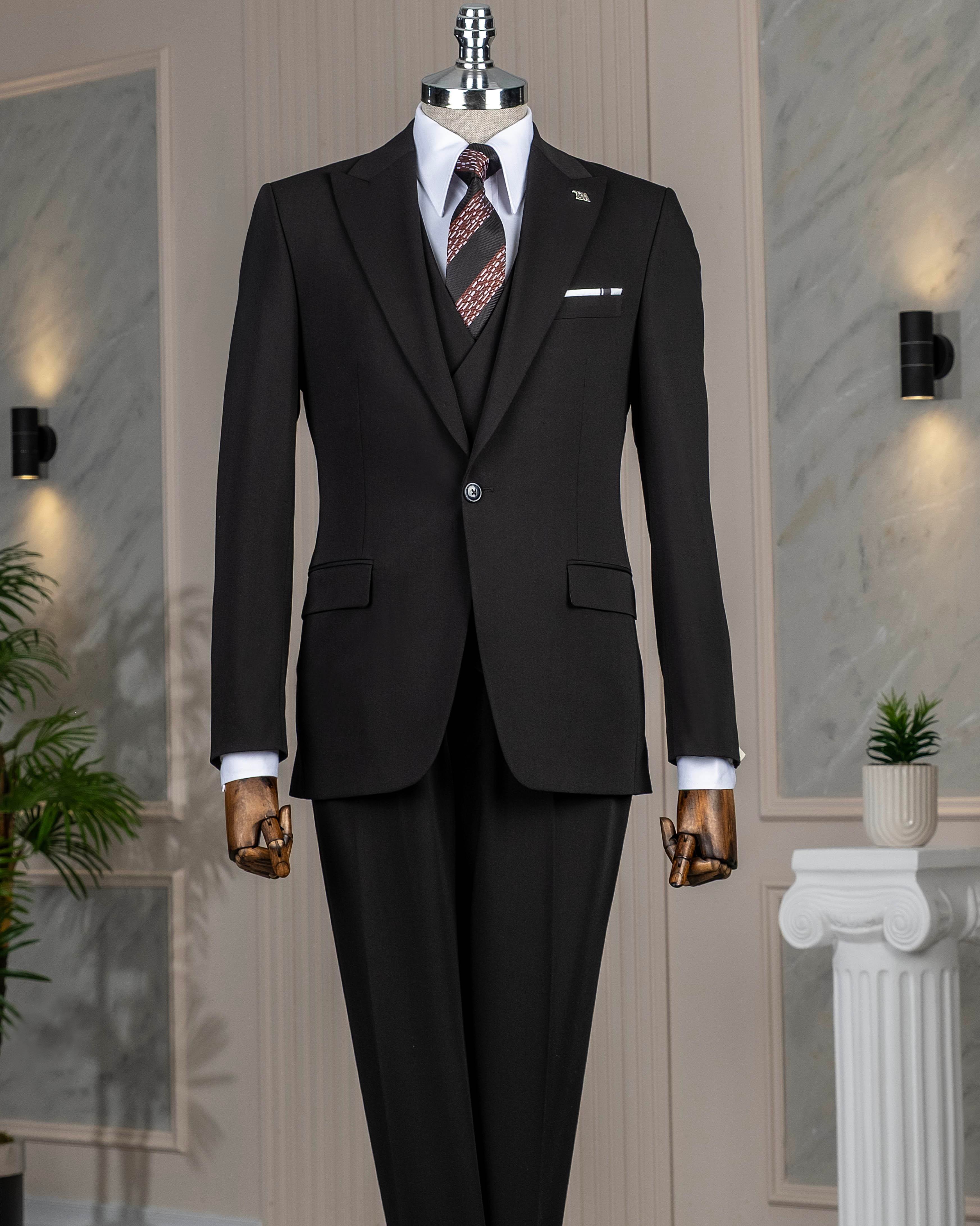İtalyan stil slim fit ceket yelek pantalon takım elbise siyah T13960