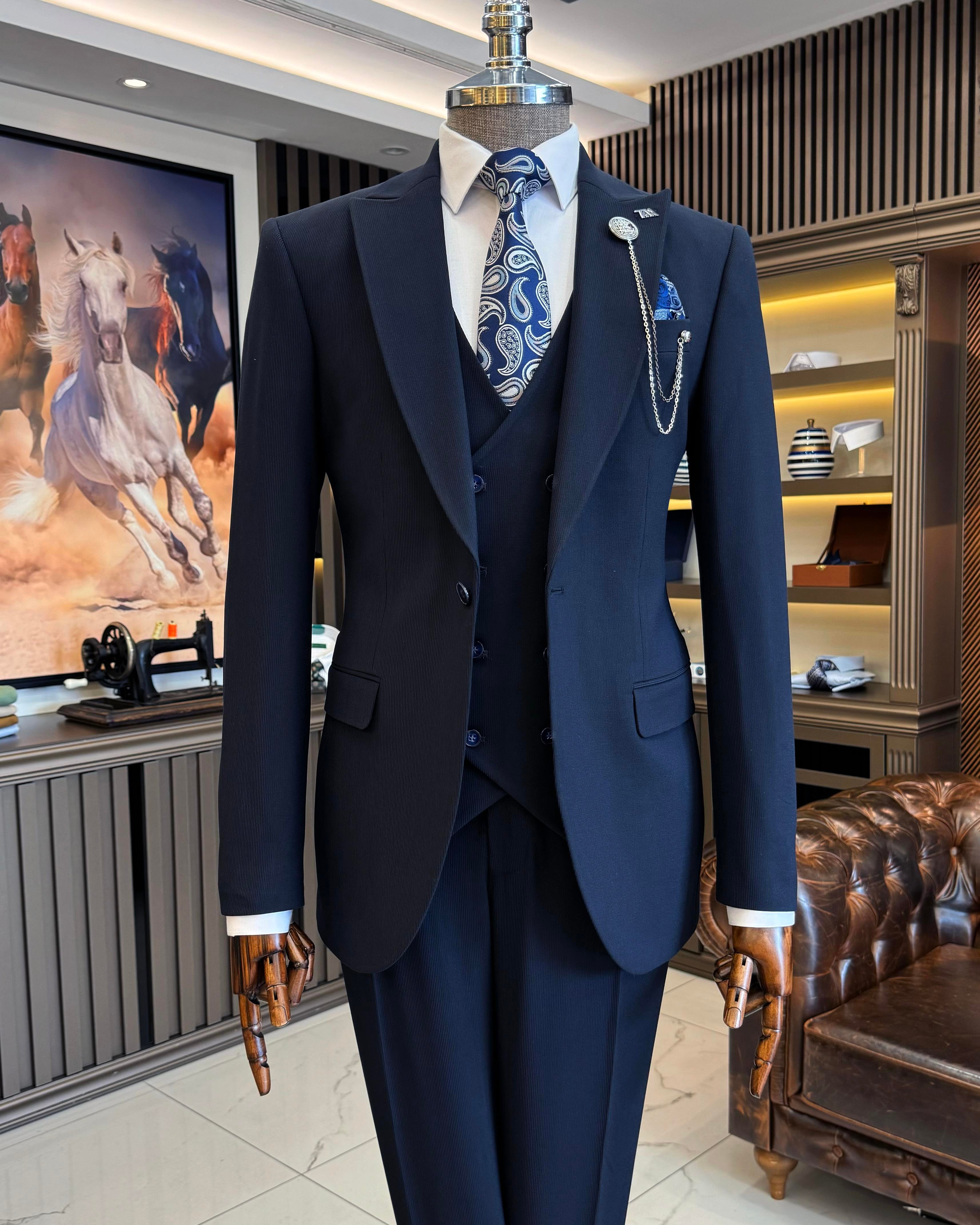 İtalyan stil slim fit ceket yelek pantolon takım elbise lacivert T11541