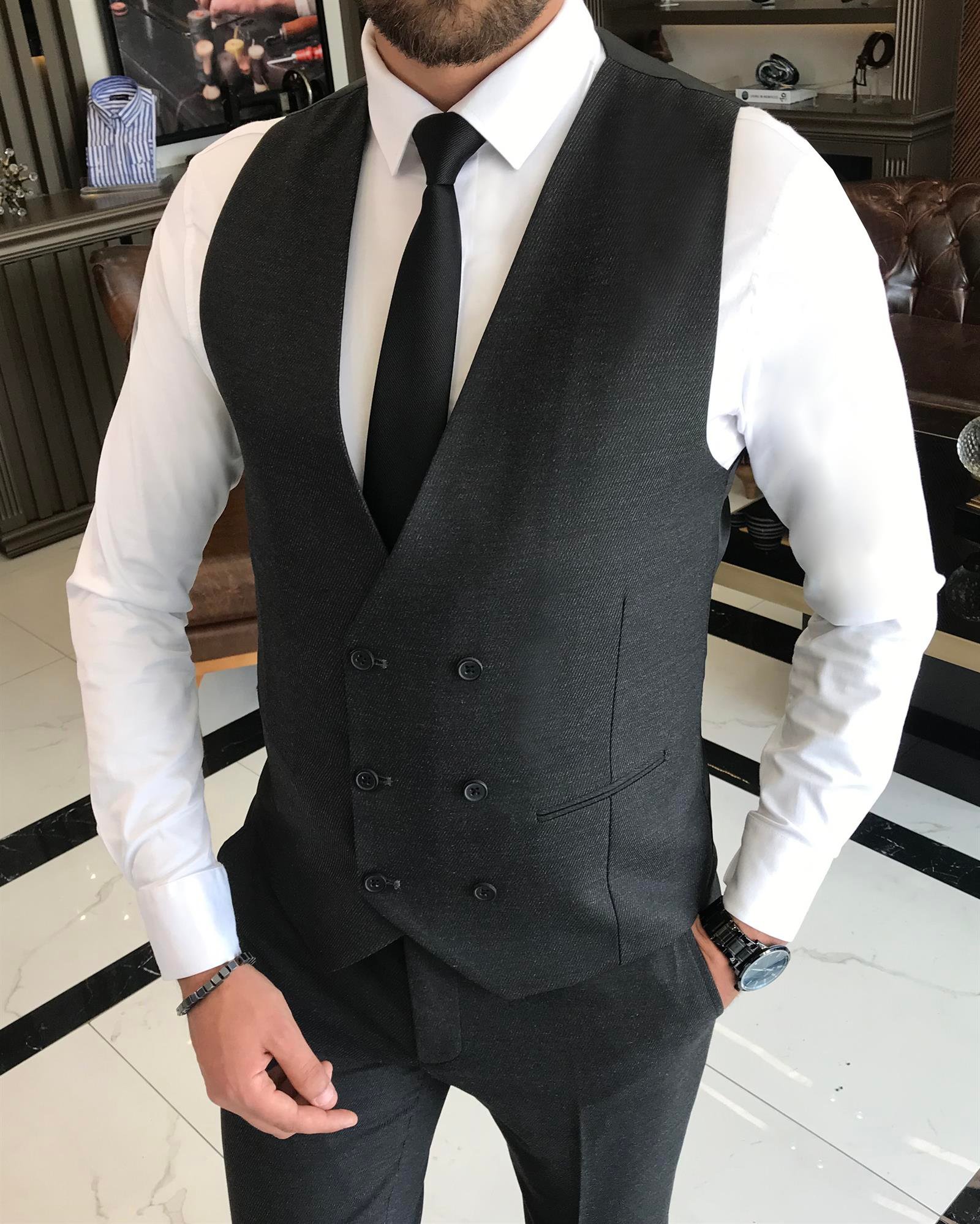 İtalyan stil slim fit ceket yelek pantolon takım elbise siyah T9764
