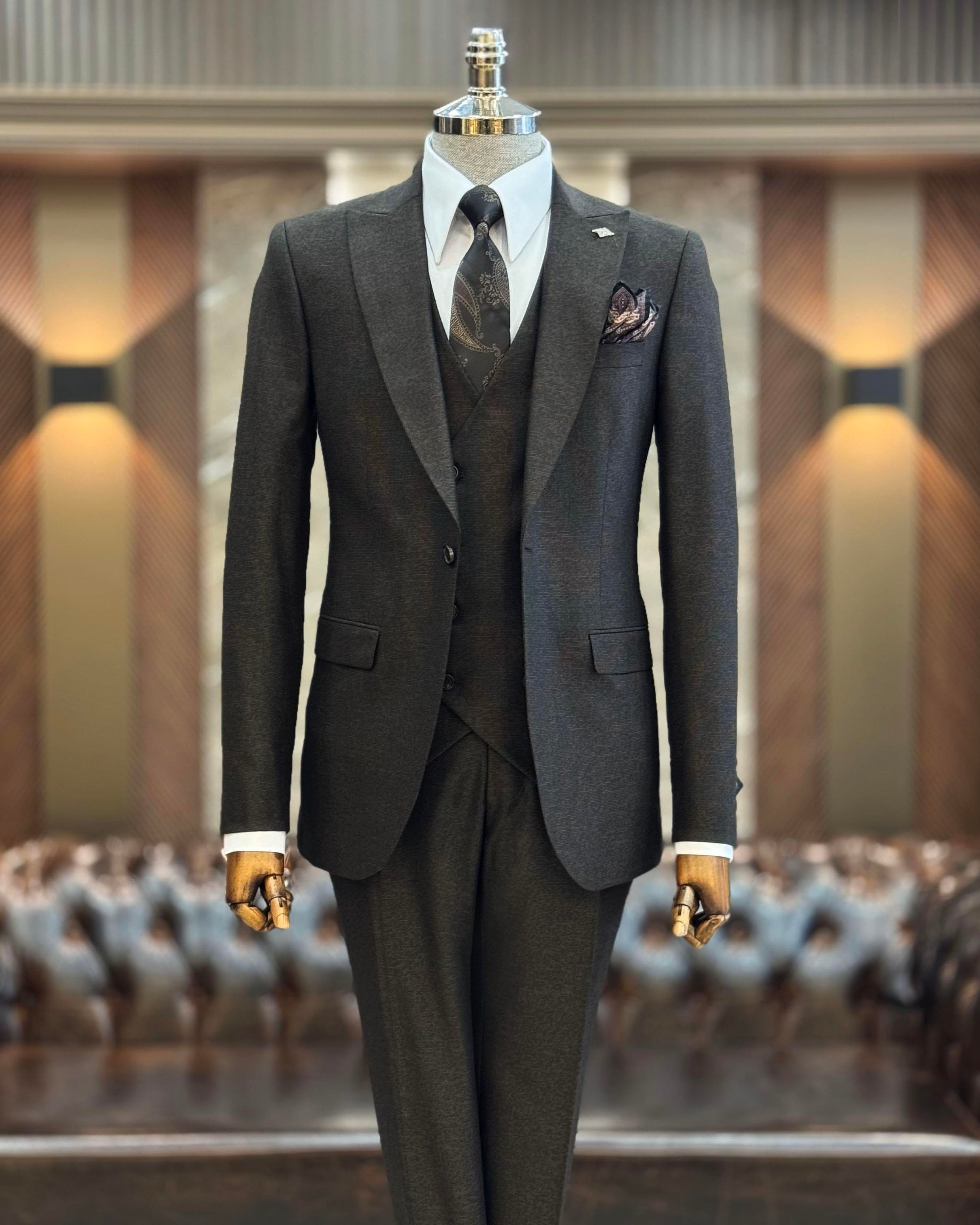 İtalyan stil slim fit ceket yelek pantolon takım elbise kahverengi T9954