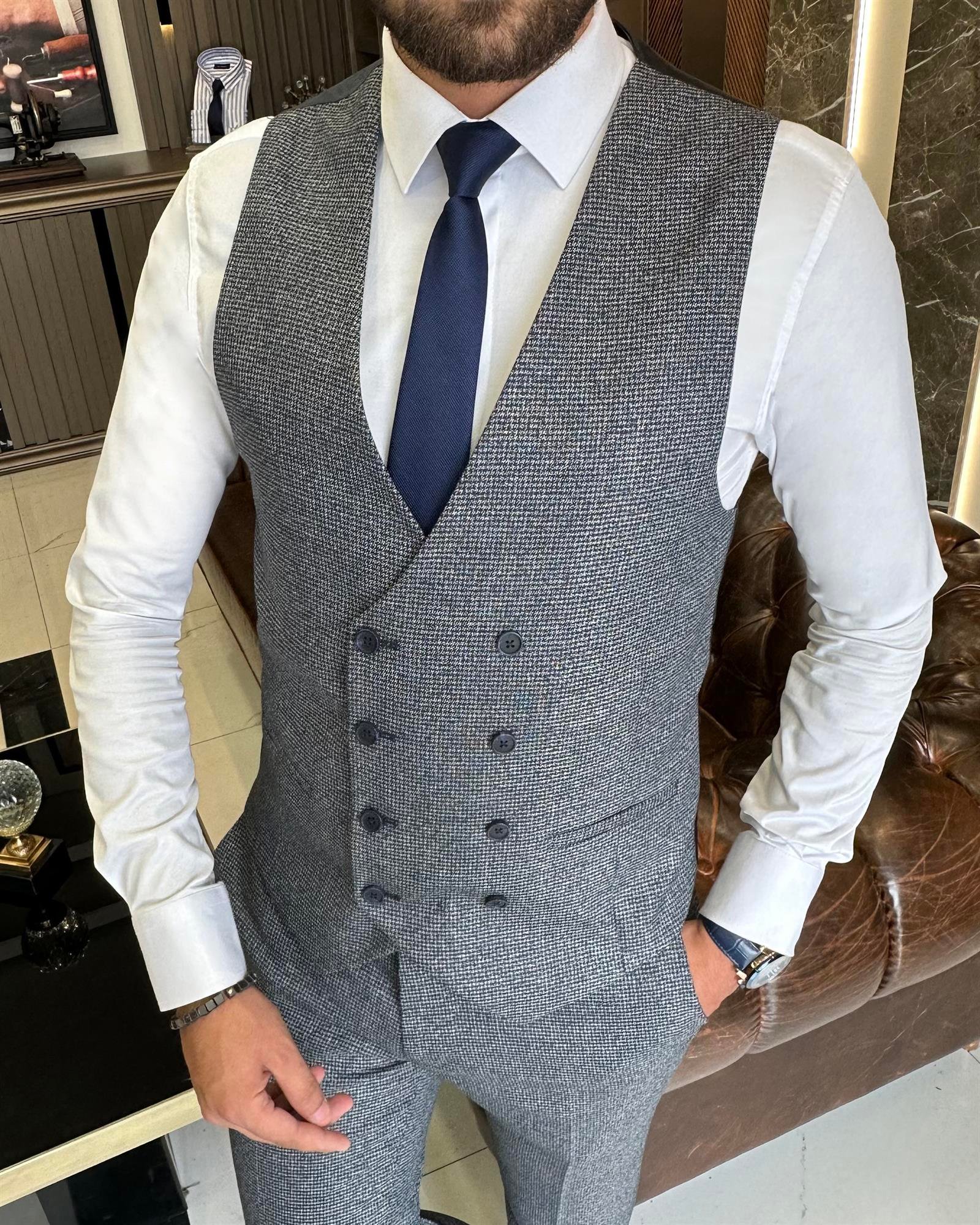 Italian style slim fit jacket vest pant suit navy blue T9795