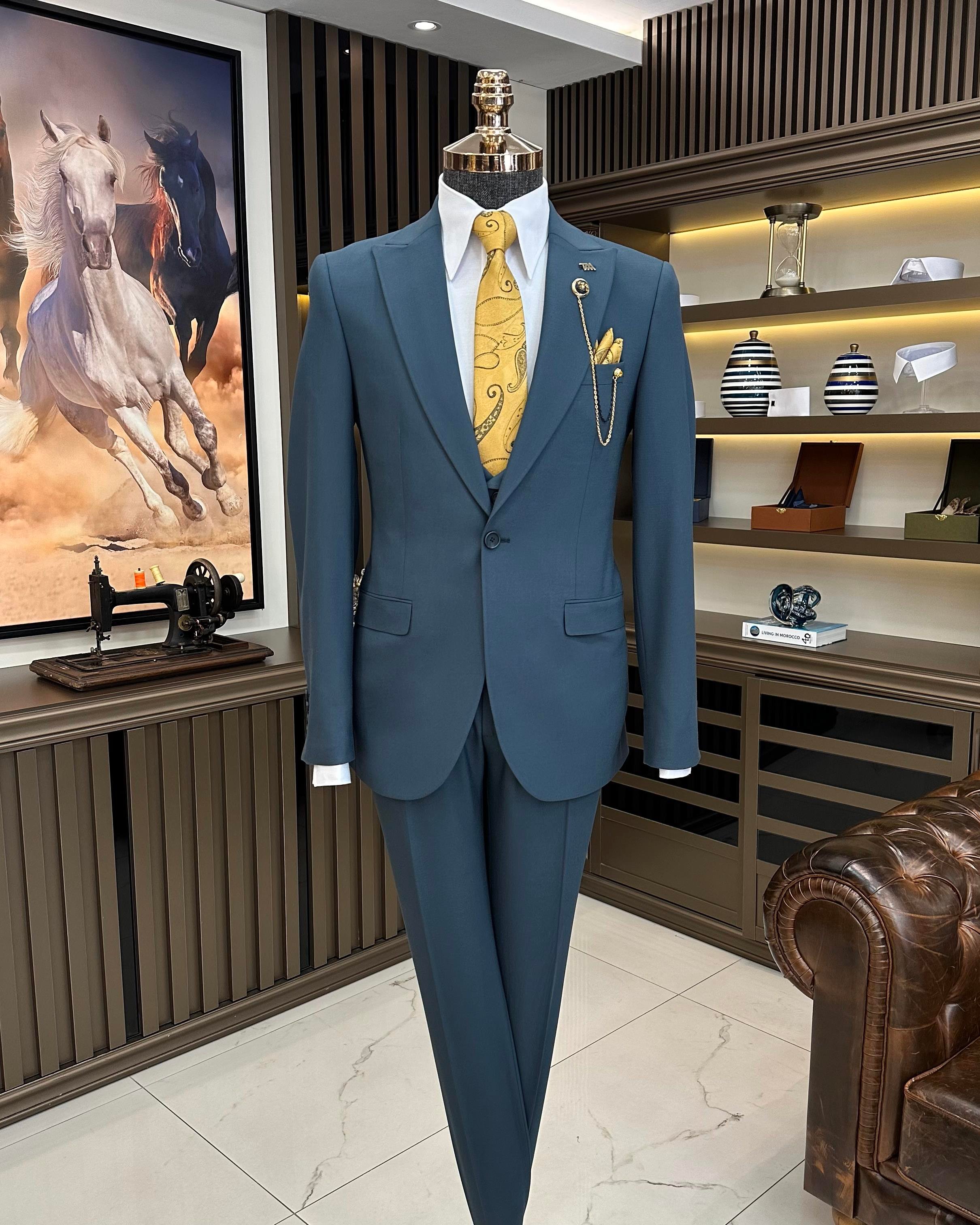 İtalyan stil slim fit ceket yelek pantolon takım elbise petrol T9967