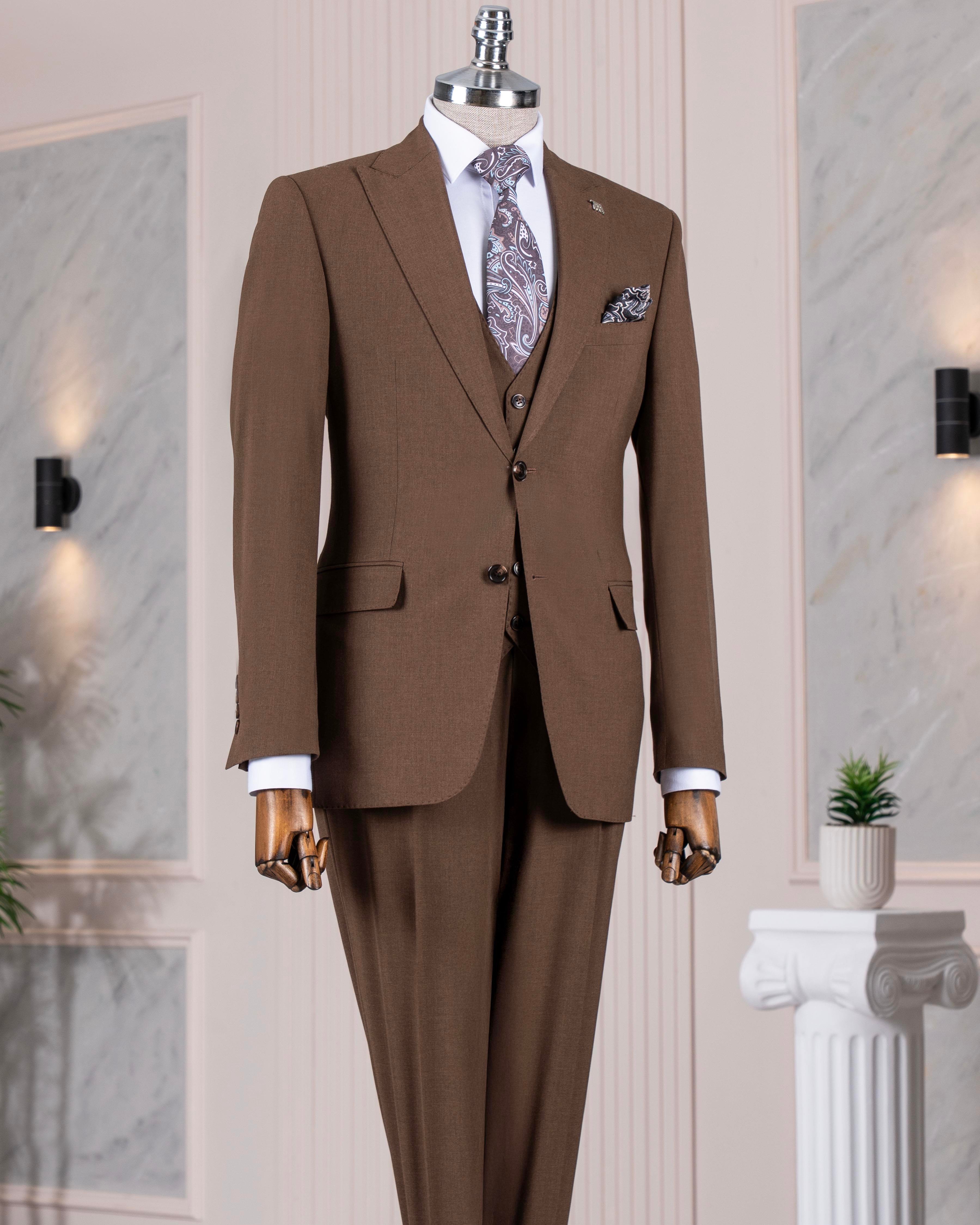 İtalyan stil slim fit ceket yelek pantolon takım elbise kahverengi T14581