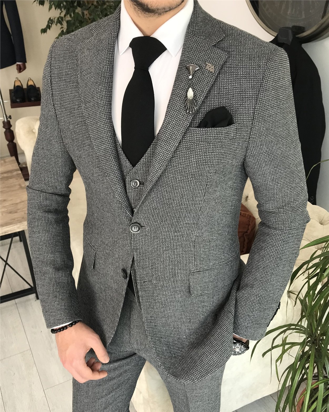 İtalyan stil slim fit ceket yelek pantolon takım elbise Gri T8356