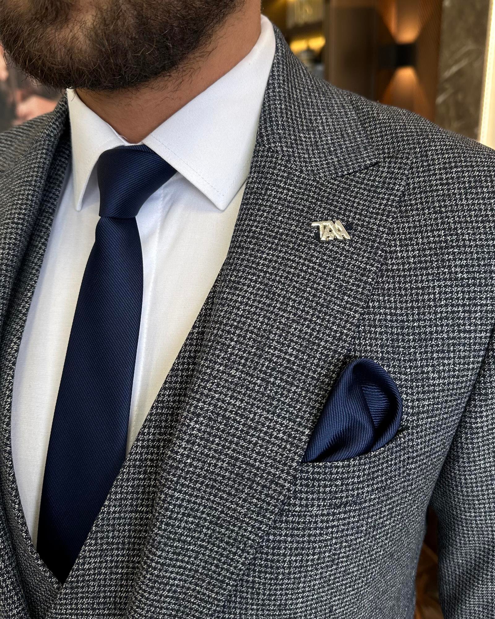 Italian style slim fit jacket vest pant suit navy blue T9795