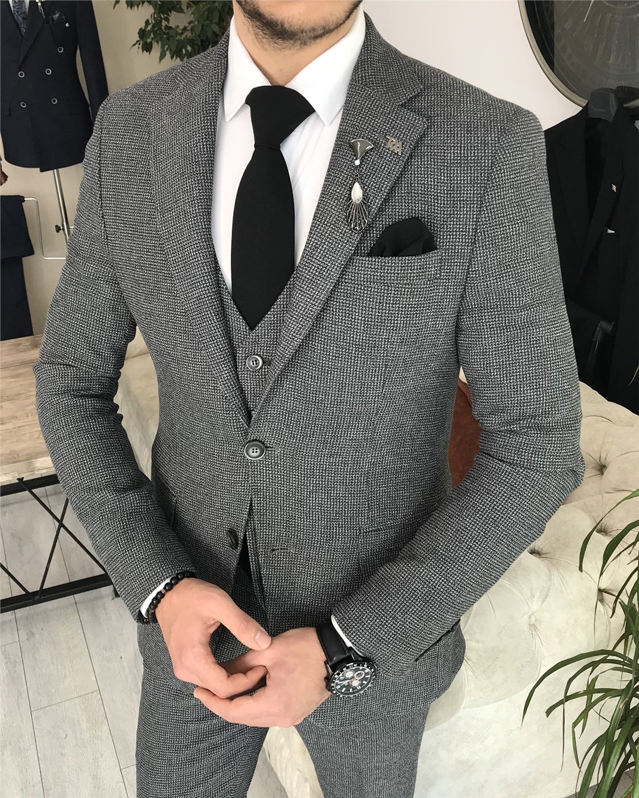 İtalyan stil slim fit ceket yelek pantolon takım elbise Gri T8356
