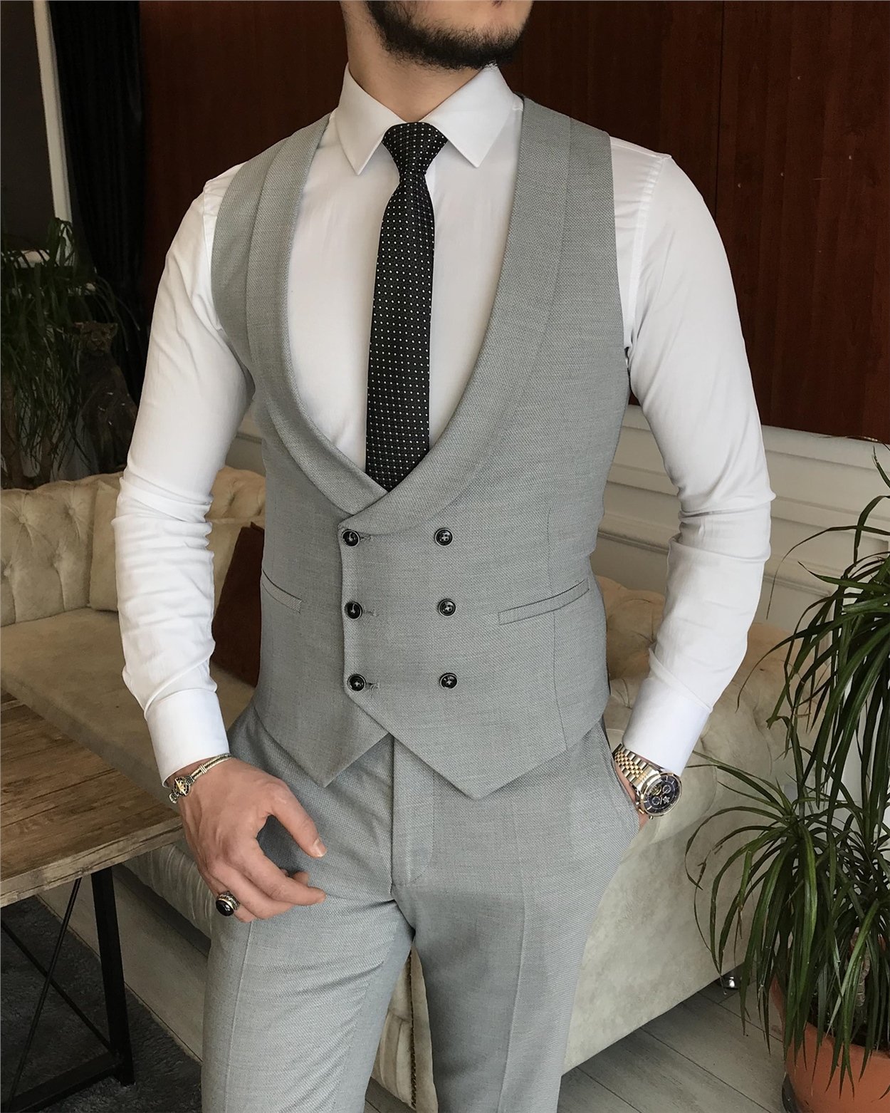 İtalyan stil slim fit ceket yelek pantolon gri takım elbise T7169
