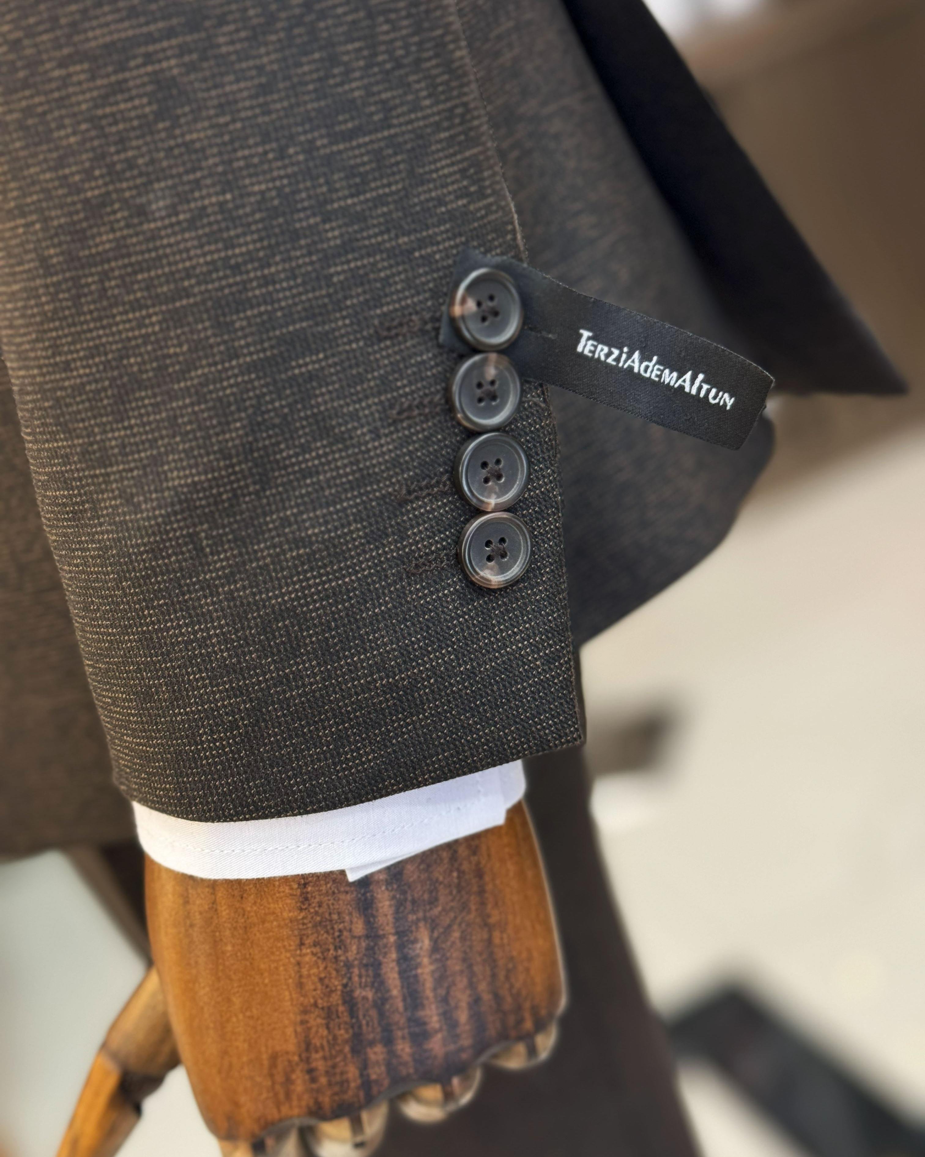 İtalyan stil slim fit ceket yelek pantolon takım elbise kahverengi T9954