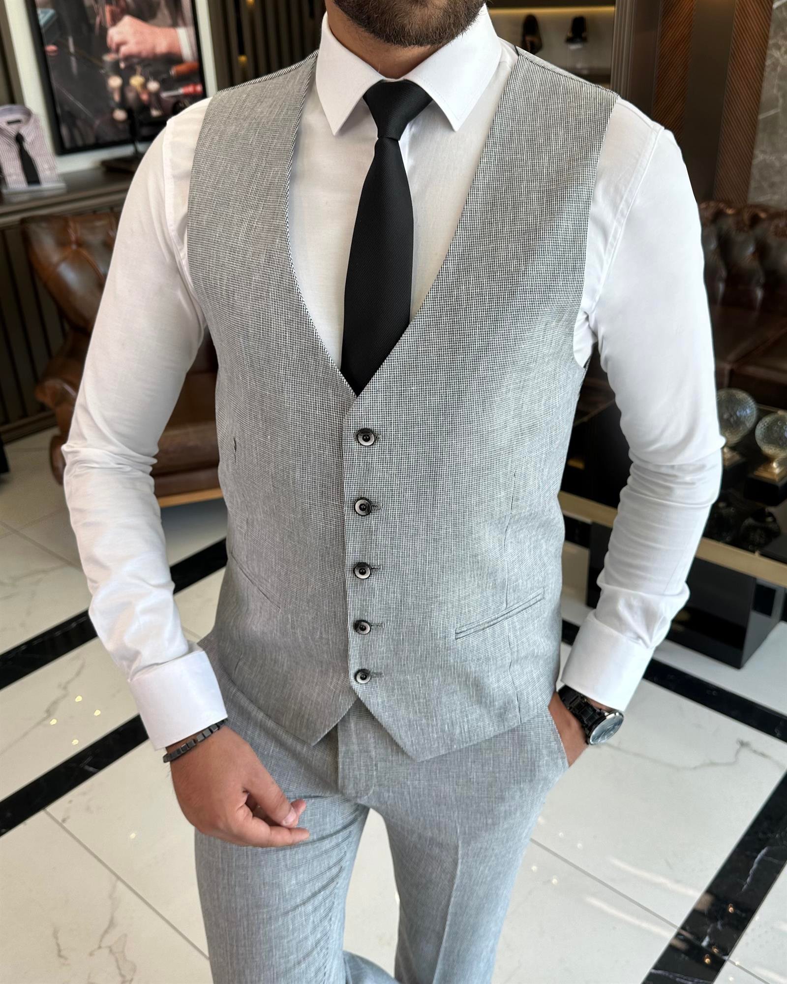 İtalyan stil slim fit ceket yelek pantolon takım elbise gri T9845