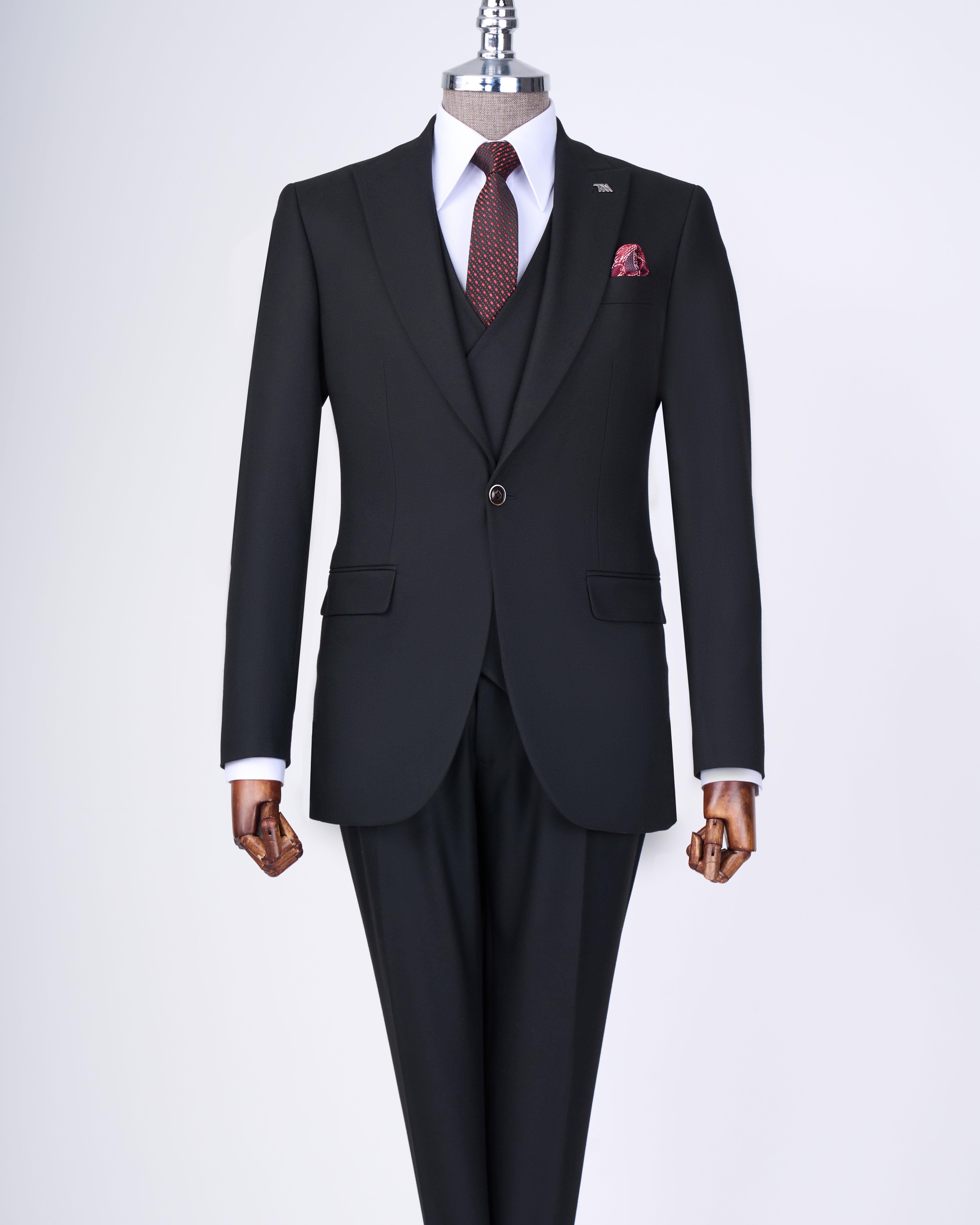 Italian style slim fit jacket vest pants suit black T13503