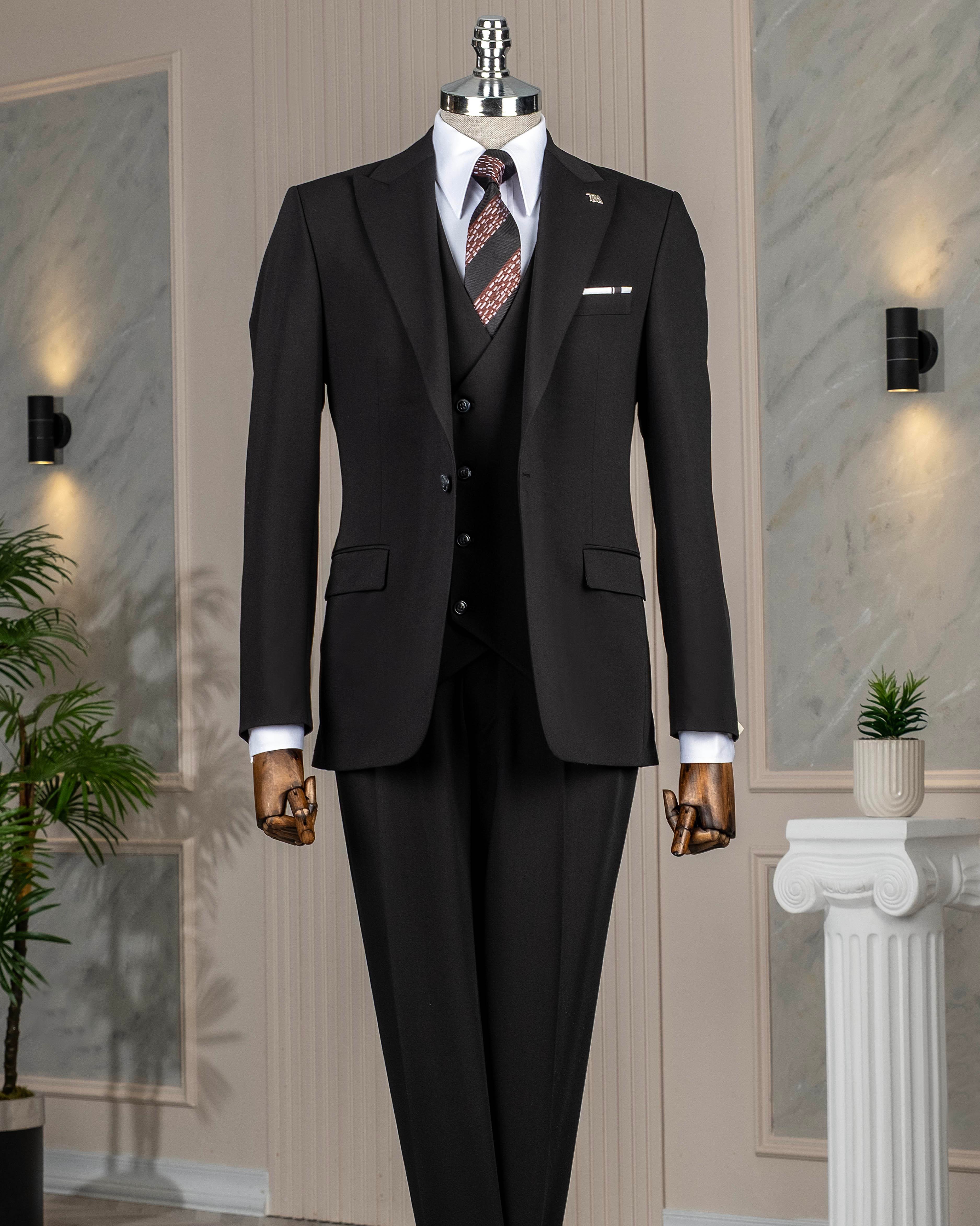 İtalyan stil slim fit ceket yelek pantalon takım elbise siyah T13960