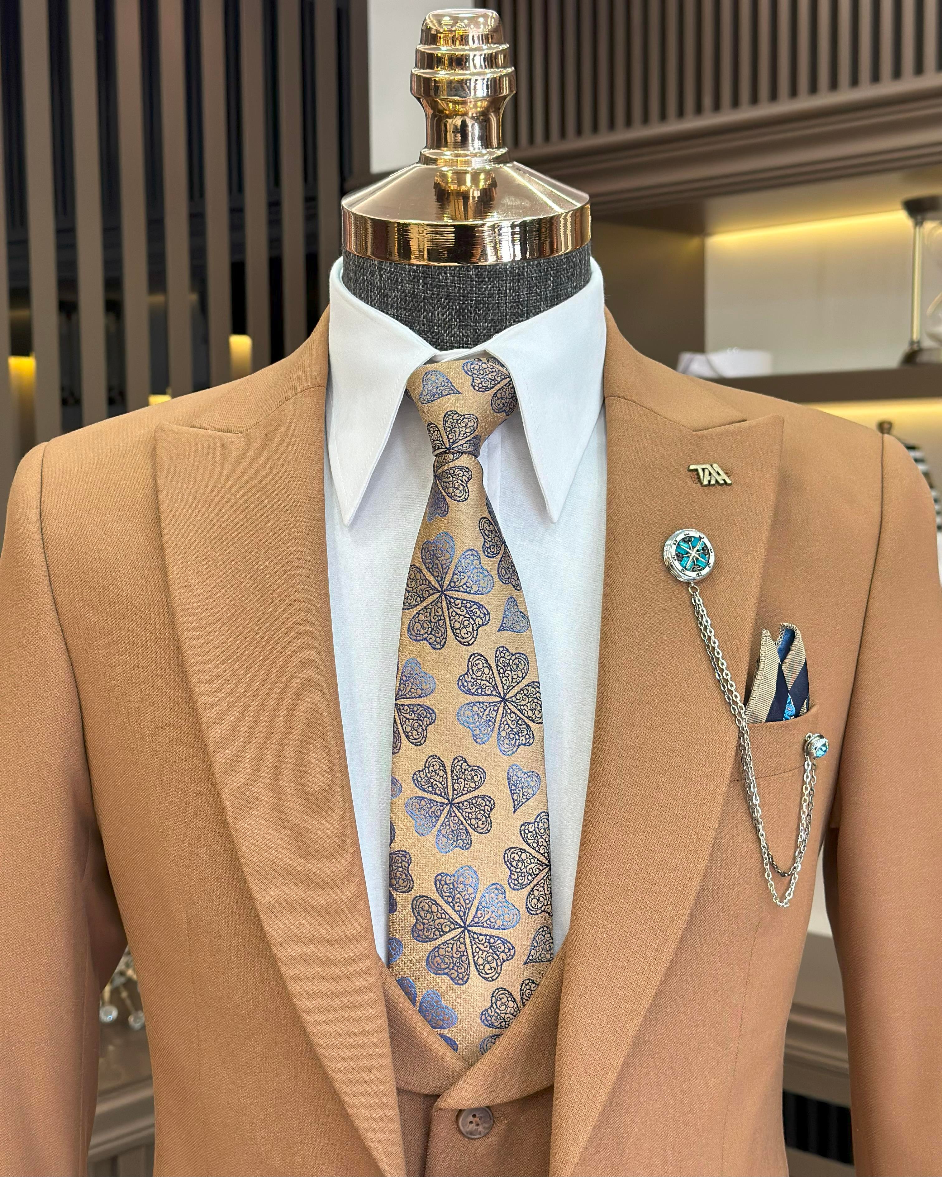 Italian style slim fit jacket vest pant suit brown T9964
