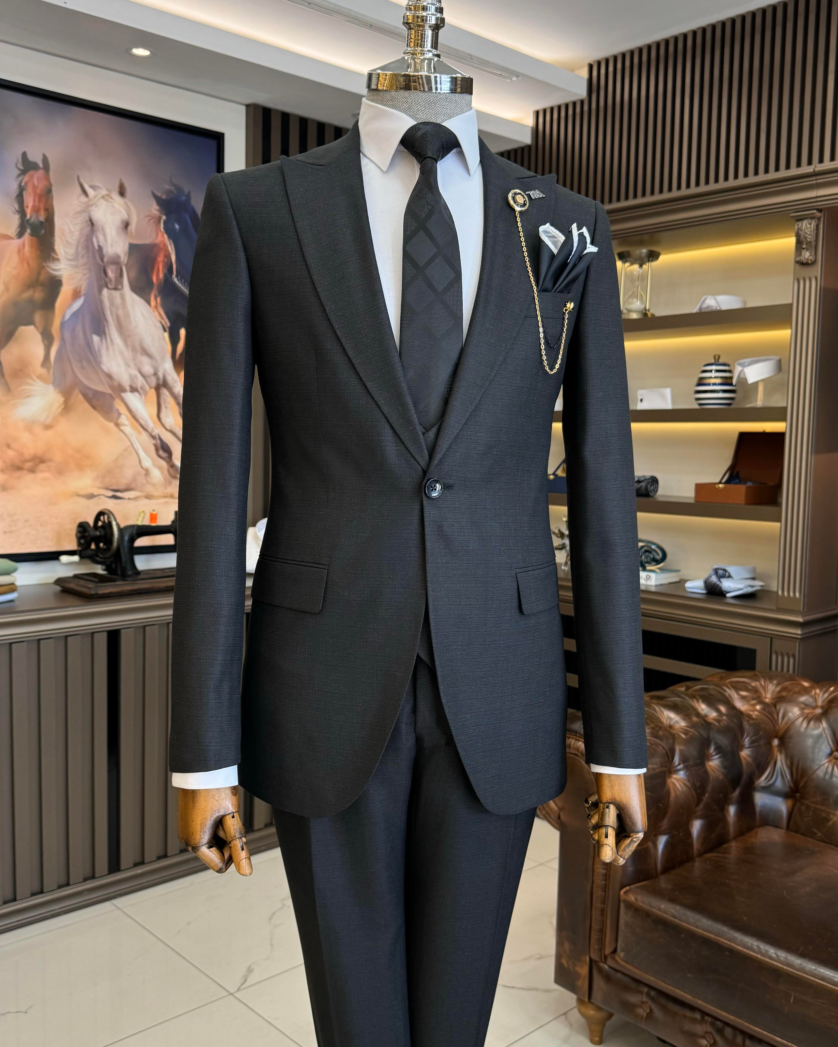 İtalyan stil slim fit ceket yelek pantolon takım elbise siyah T10340