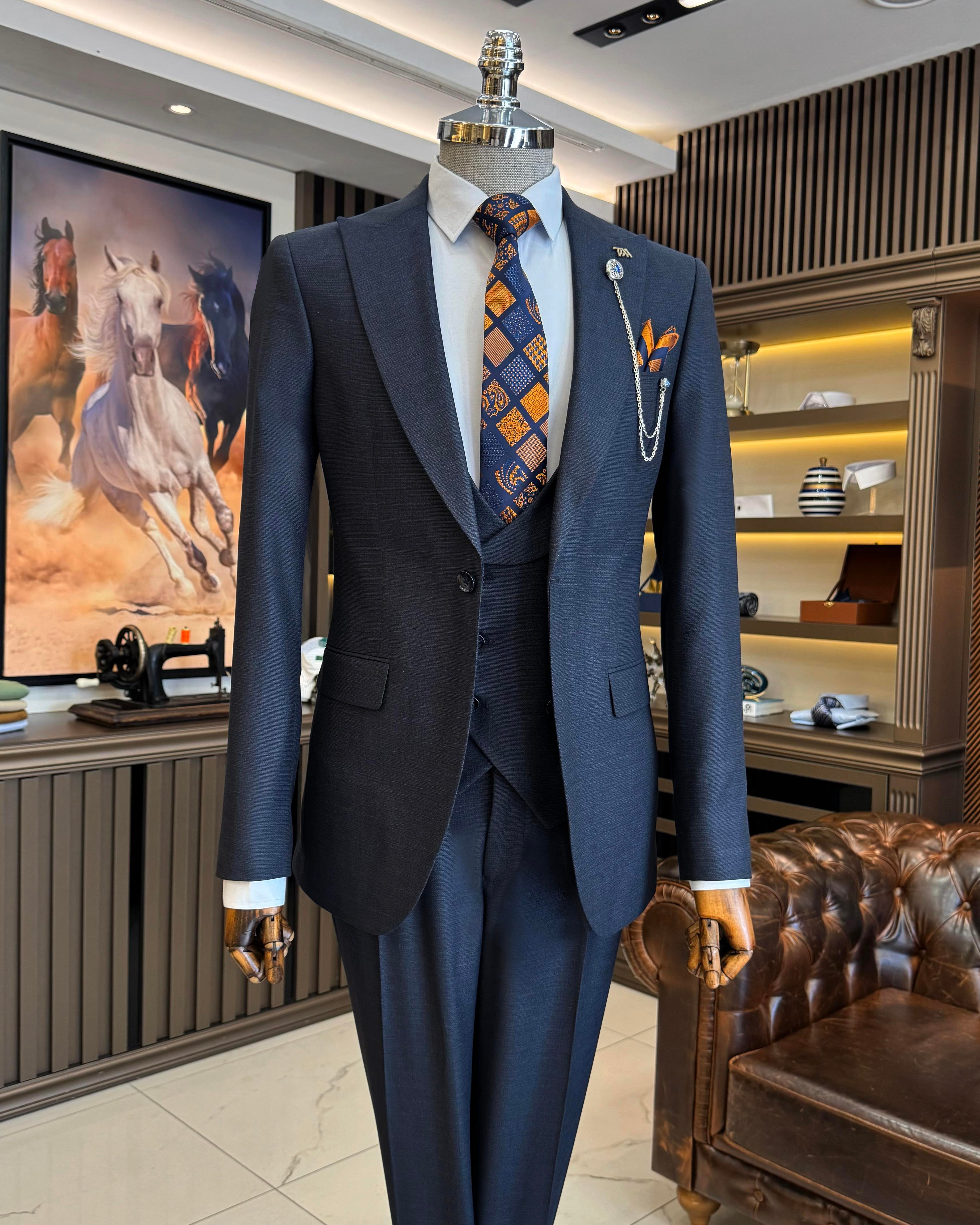 İtalyan stil slim fit ceket yelek pantolon takım elbise lacivert T10335