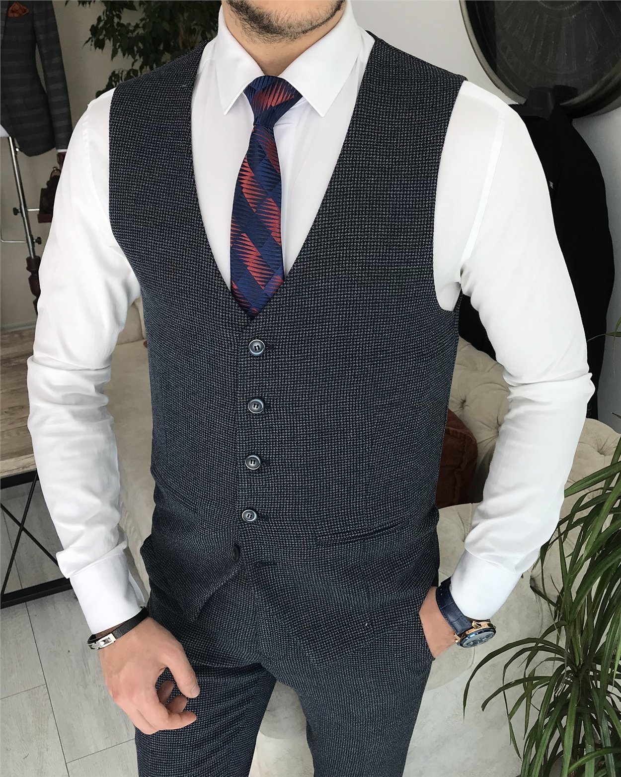 İtalyan stil slim fit ceket yelek pantolon takım elbise Lacivert T8358