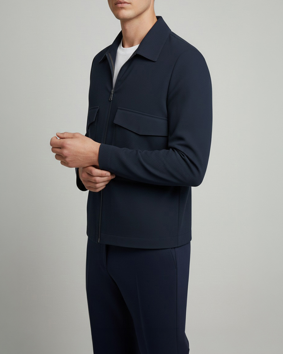 Italyan stil slim fit cep detaylı mevsimlik gofre kumaş mont petrol T11895