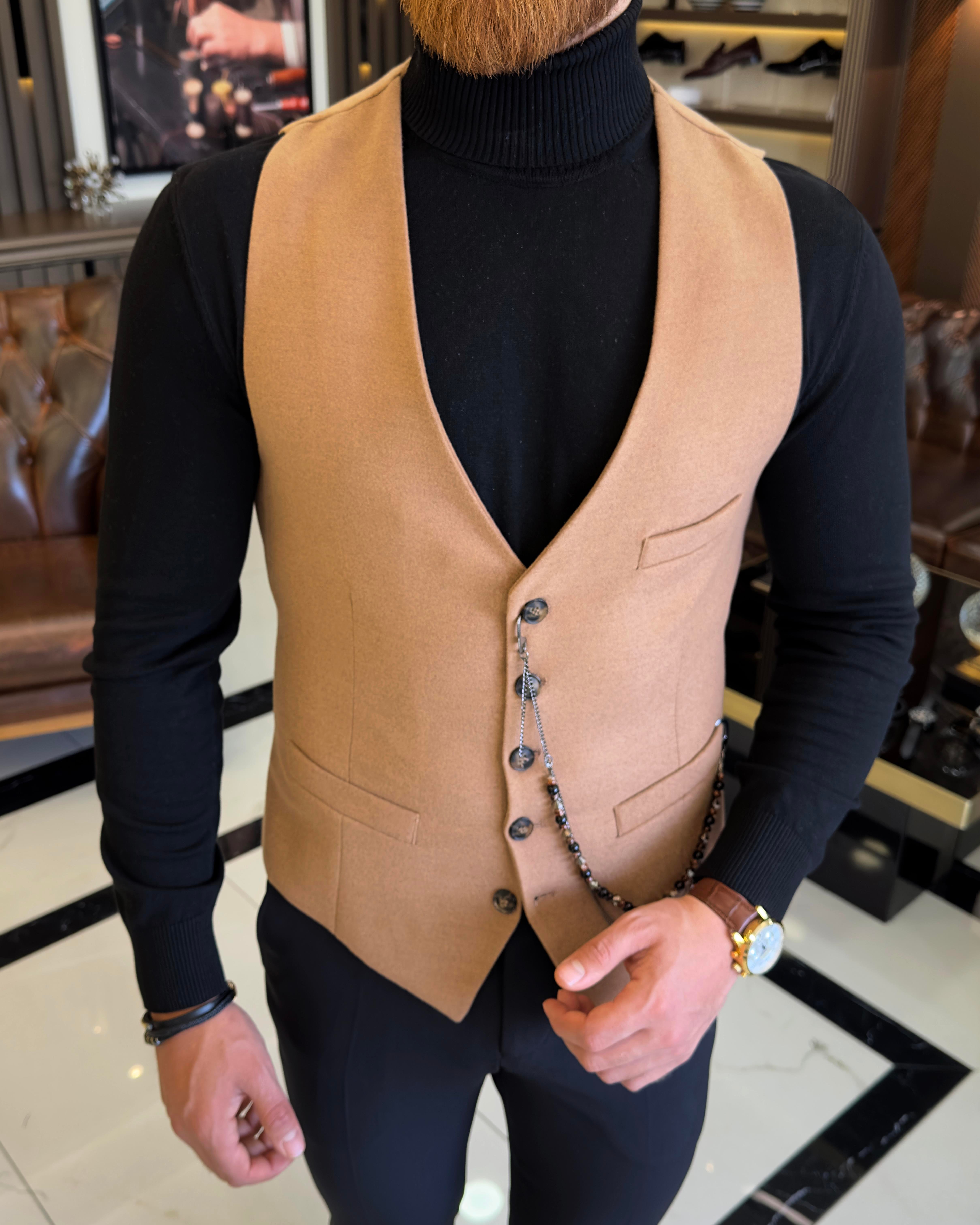 İtalyan stil slim fit cepken yelek camel T10258