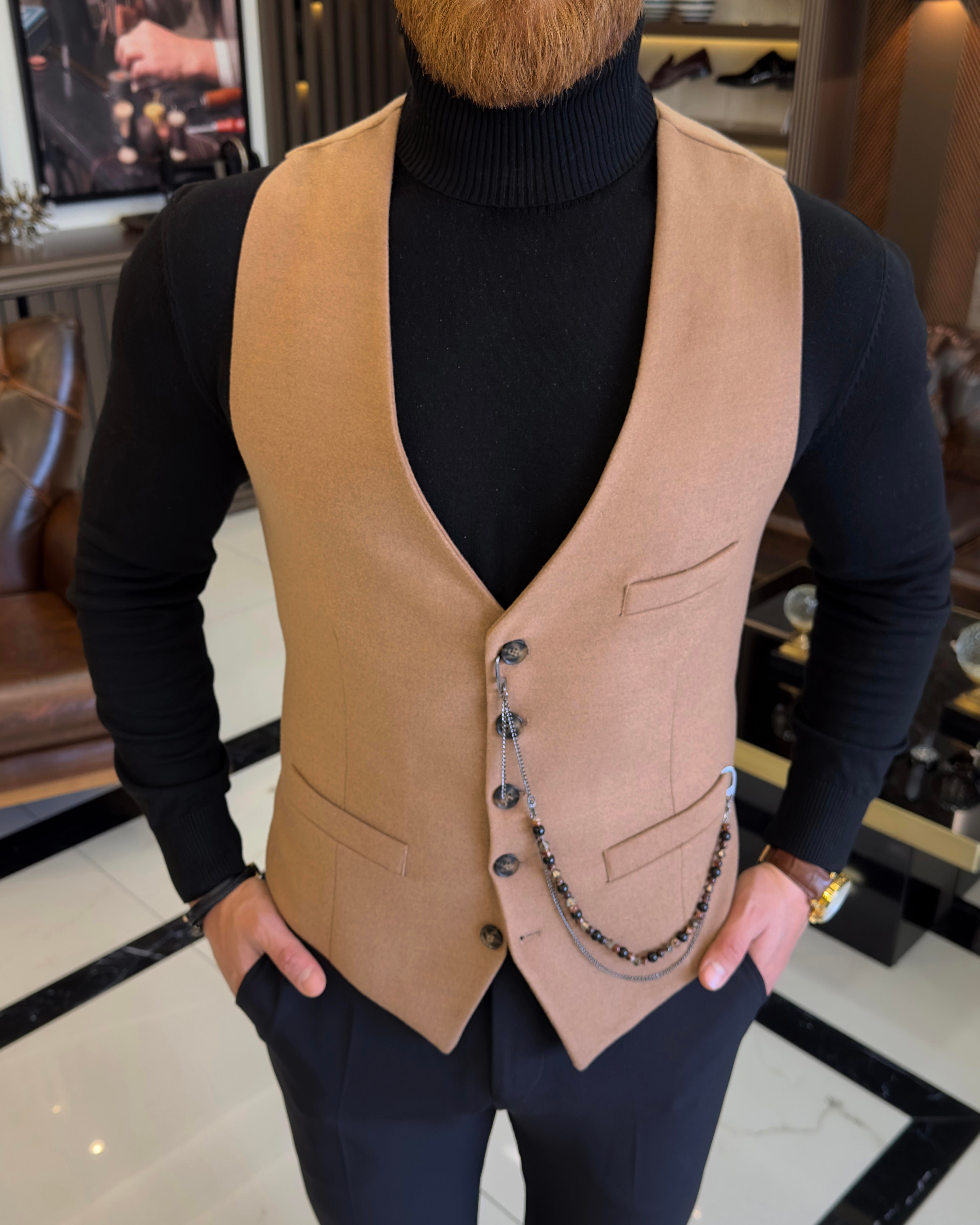 İtalyan stil slim fit cepken yelek camel T10258