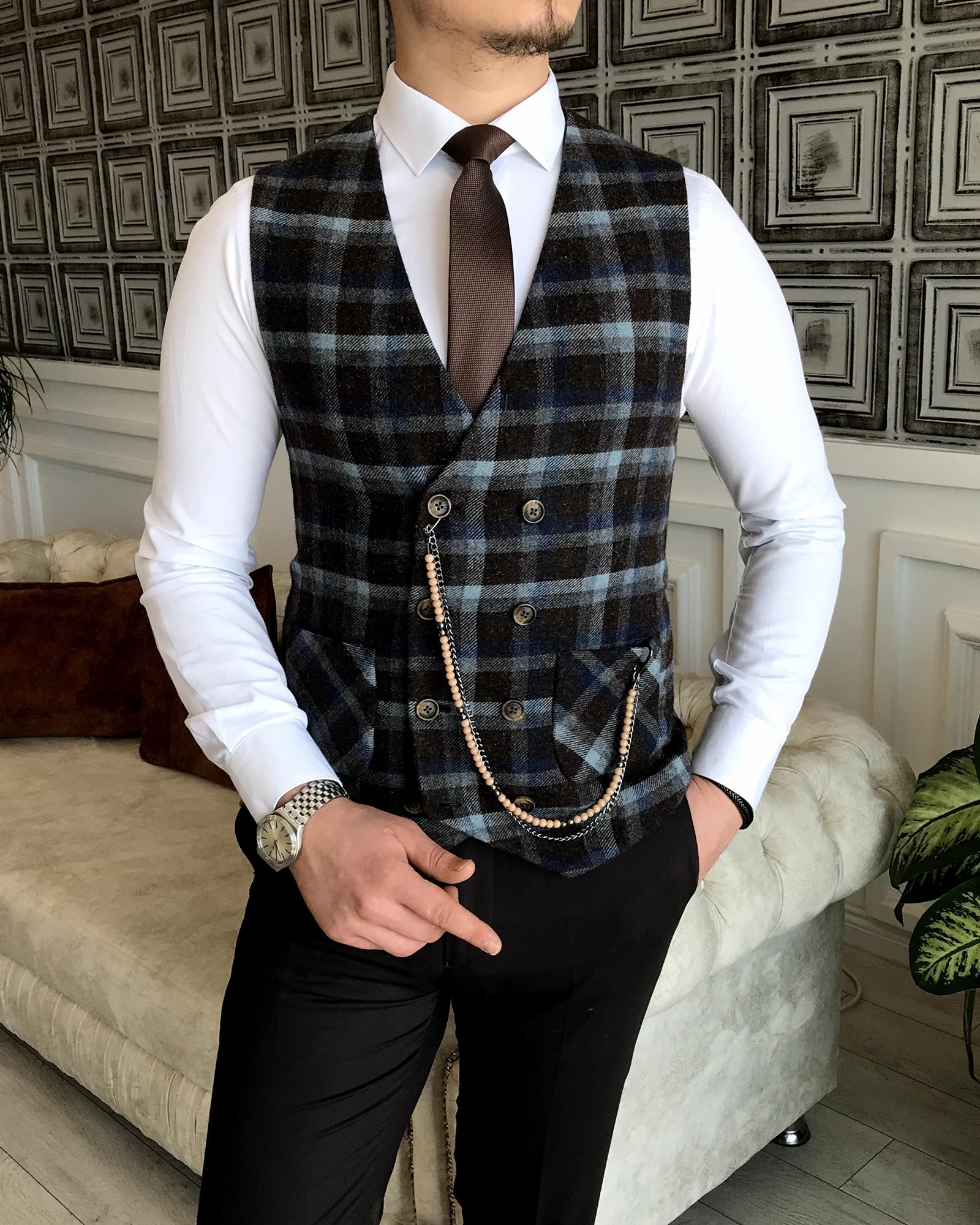 İtalyan stil slim fit kürklü cepken yelek Çok Renkli T4158