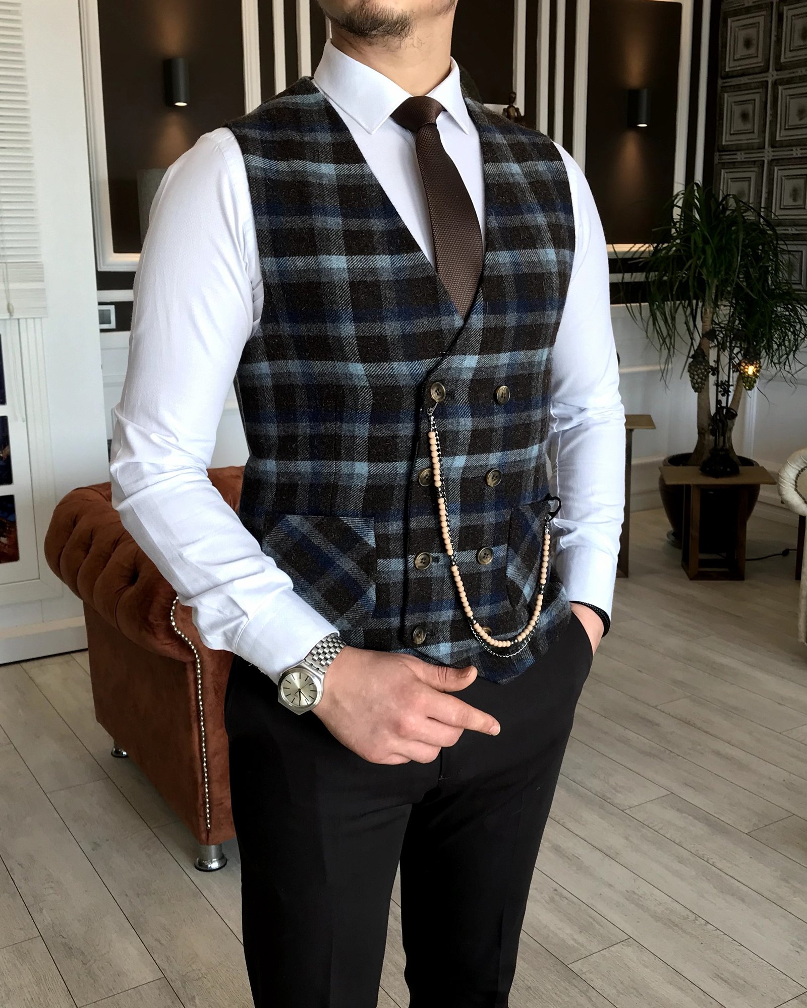 İtalyan stil slim fit kürklü cepken yelek Çok Renkli T4158
