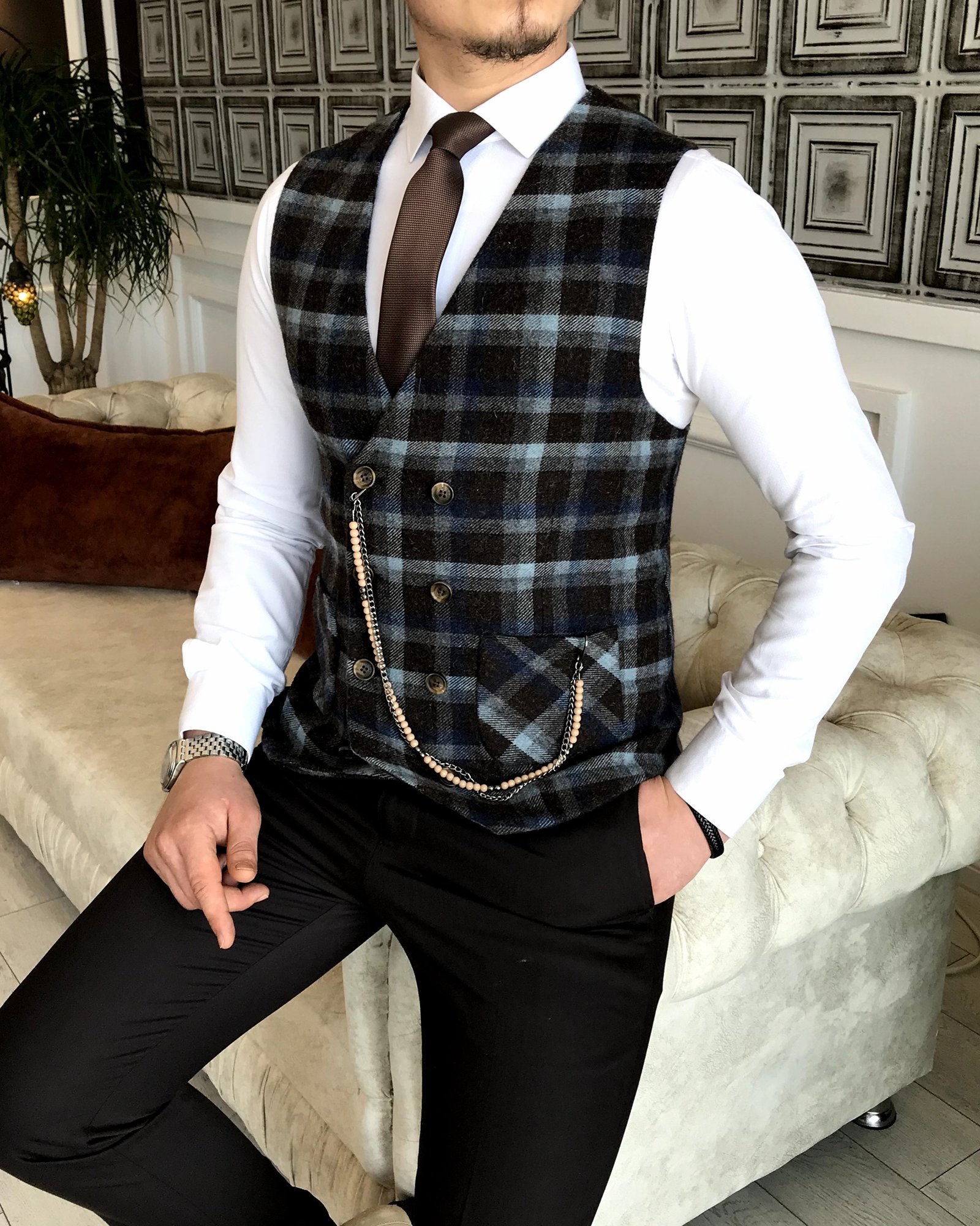İtalyan stil slim fit kürklü cepken yelek Çok Renkli T4158