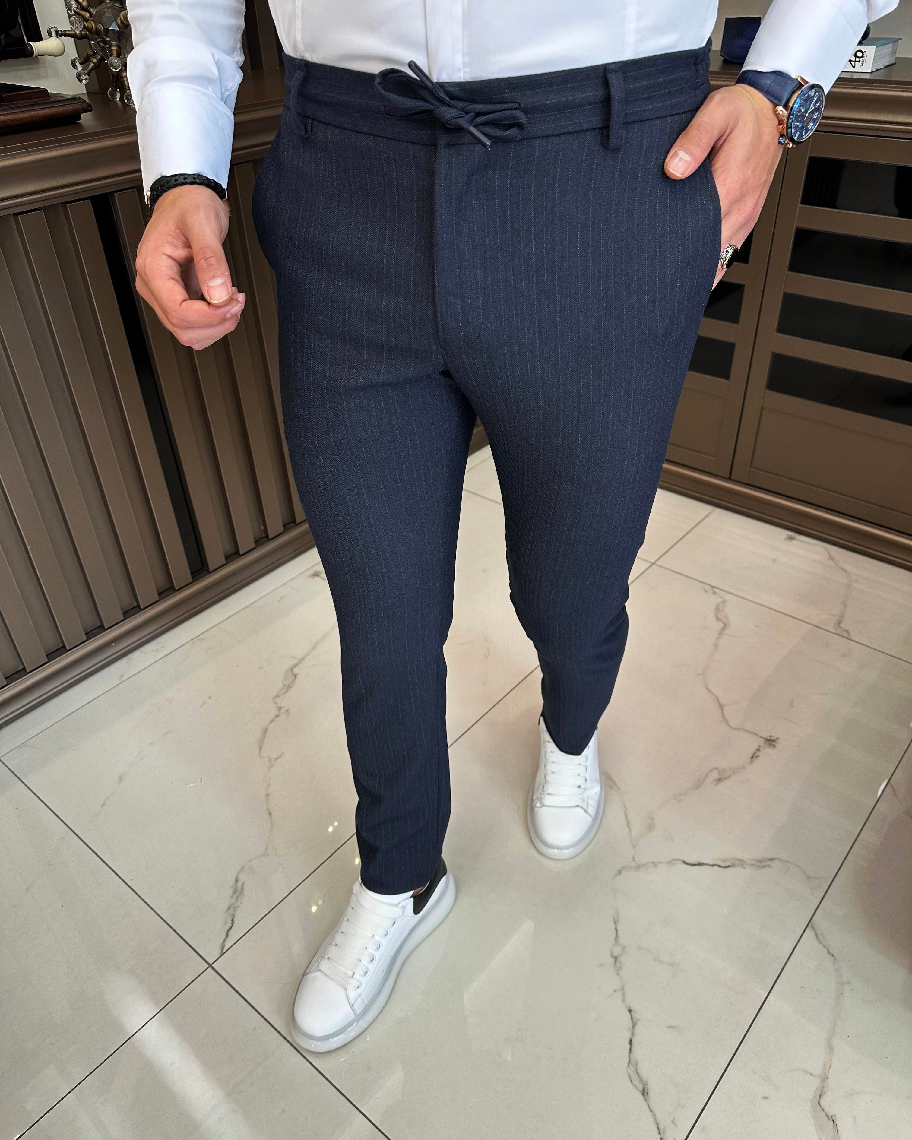 İtalyan stil slim fit çizgili bel bağlamalı erkek pantolon lacivert T10694