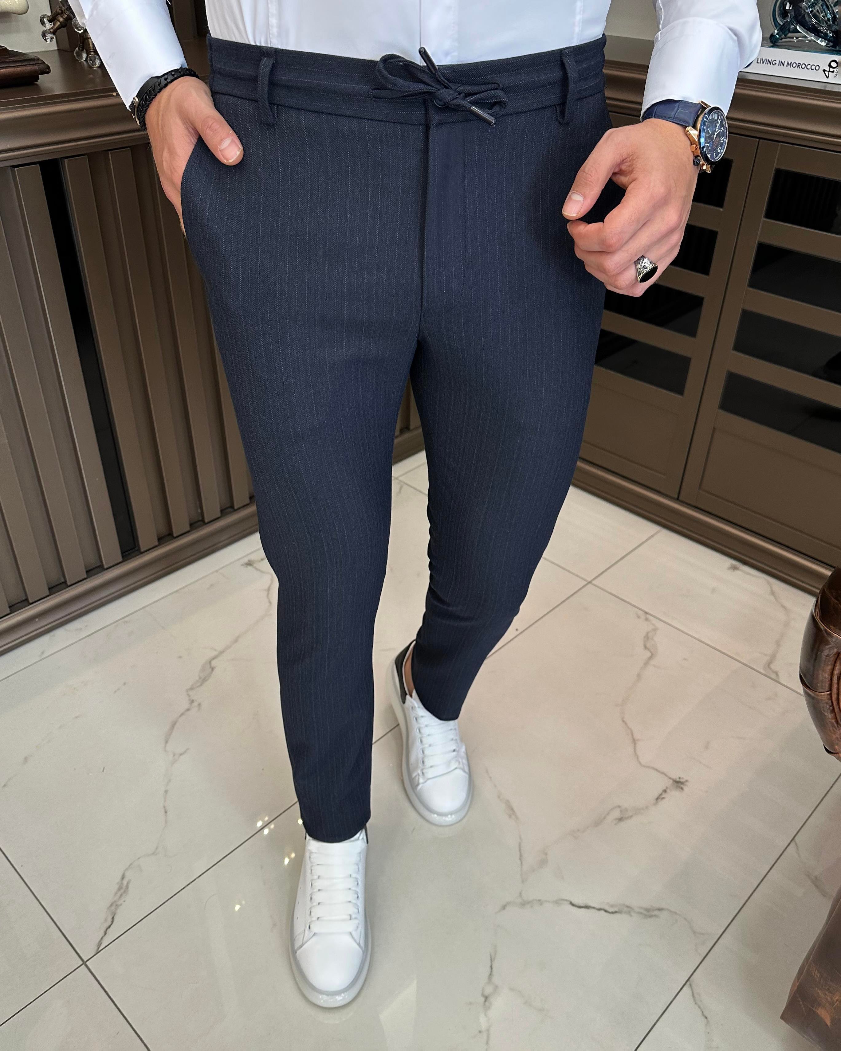 İtalyan stil slim fit çizgili bel bağlamalı erkek pantolon lacivert T10694