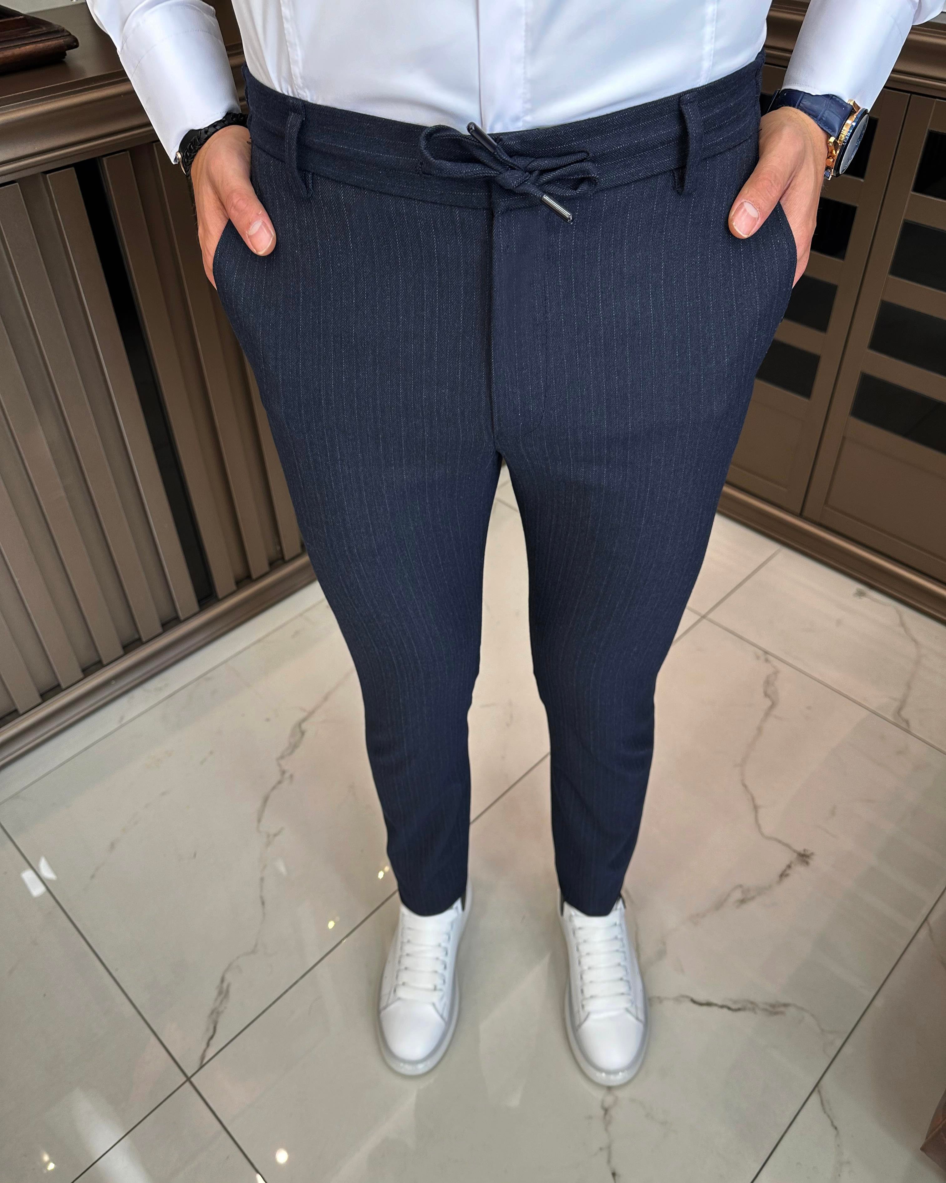 İtalyan stil slim fit çizgili bel bağlamalı erkek pantolon lacivert T10694