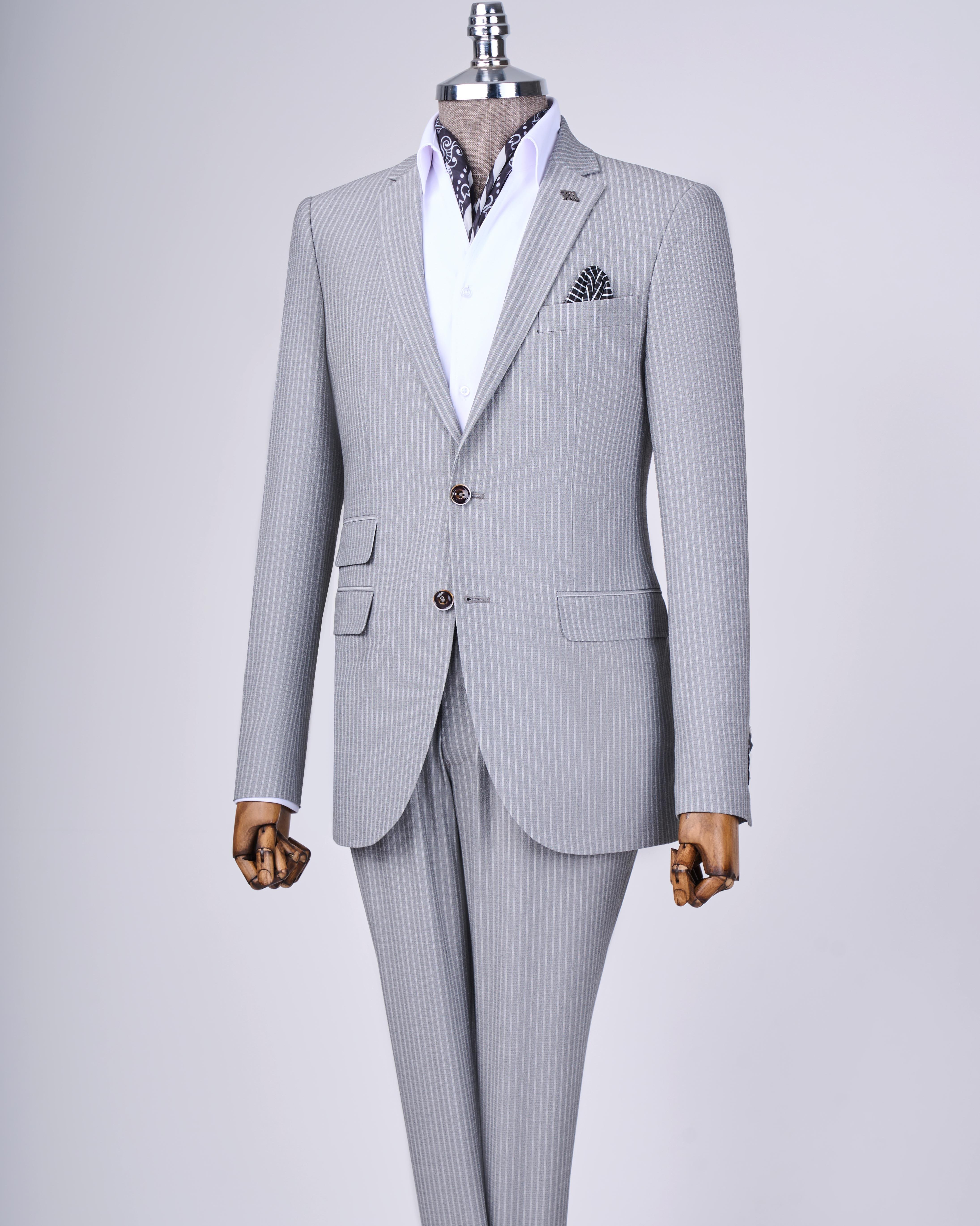 İtalyan stil slim fit çizgili ceket beli bağlamalı pantolon takım elbise gri T11793