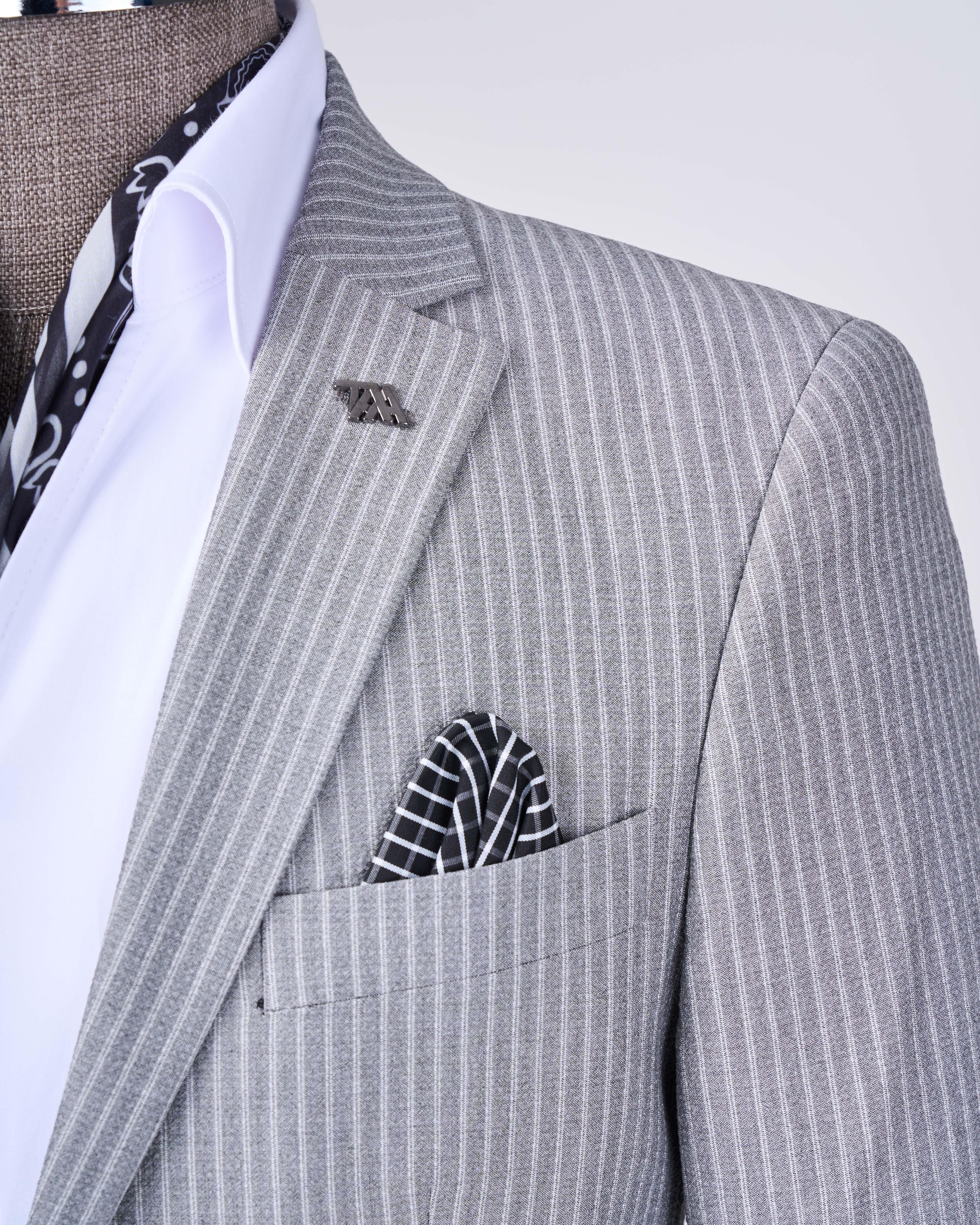 İtalyan stil slim fit çizgili ceket beli bağlamalı pantolon takım elbise gri T11793