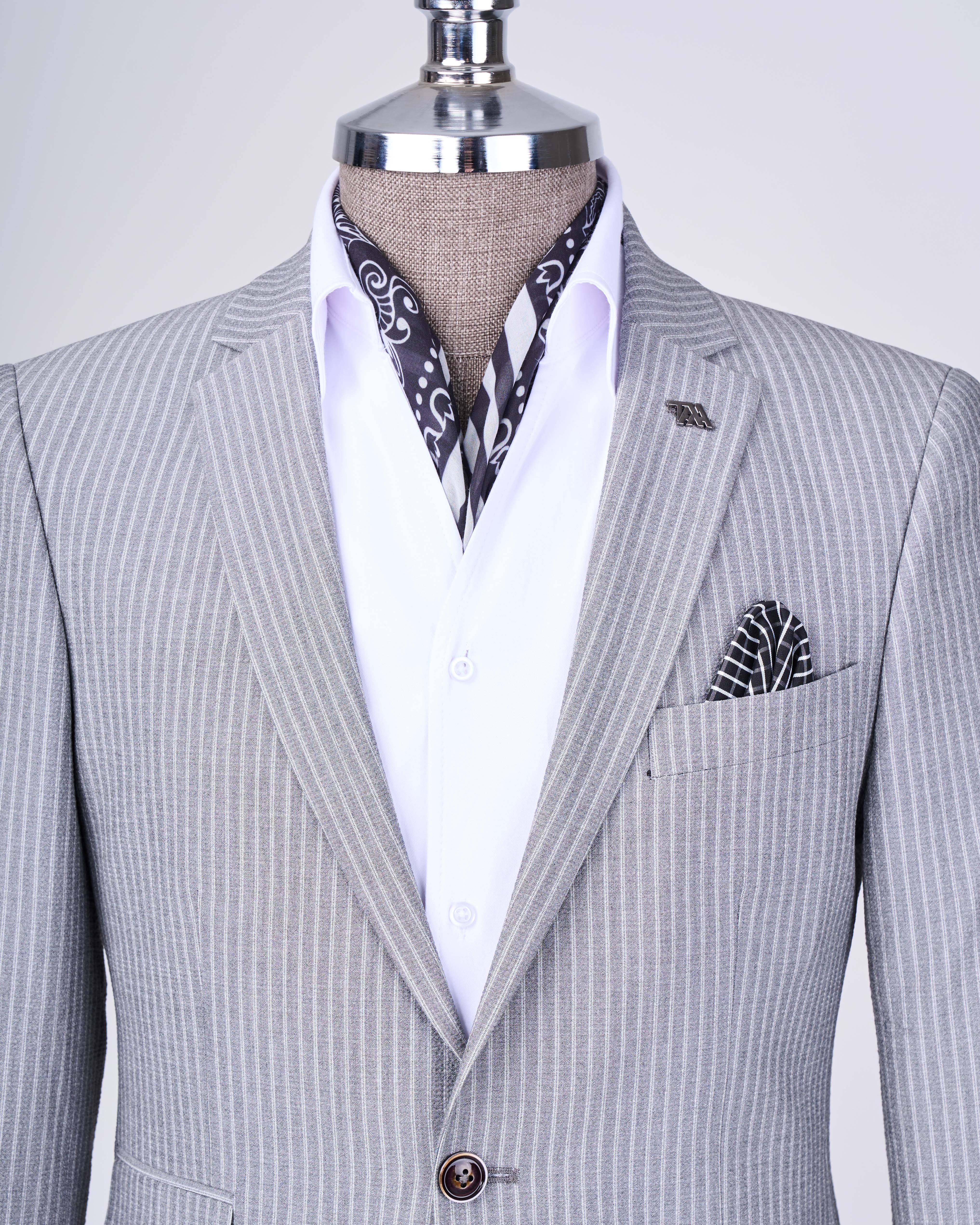 İtalyan stil slim fit çizgili ceket beli bağlamalı pantolon takım elbise gri T11793