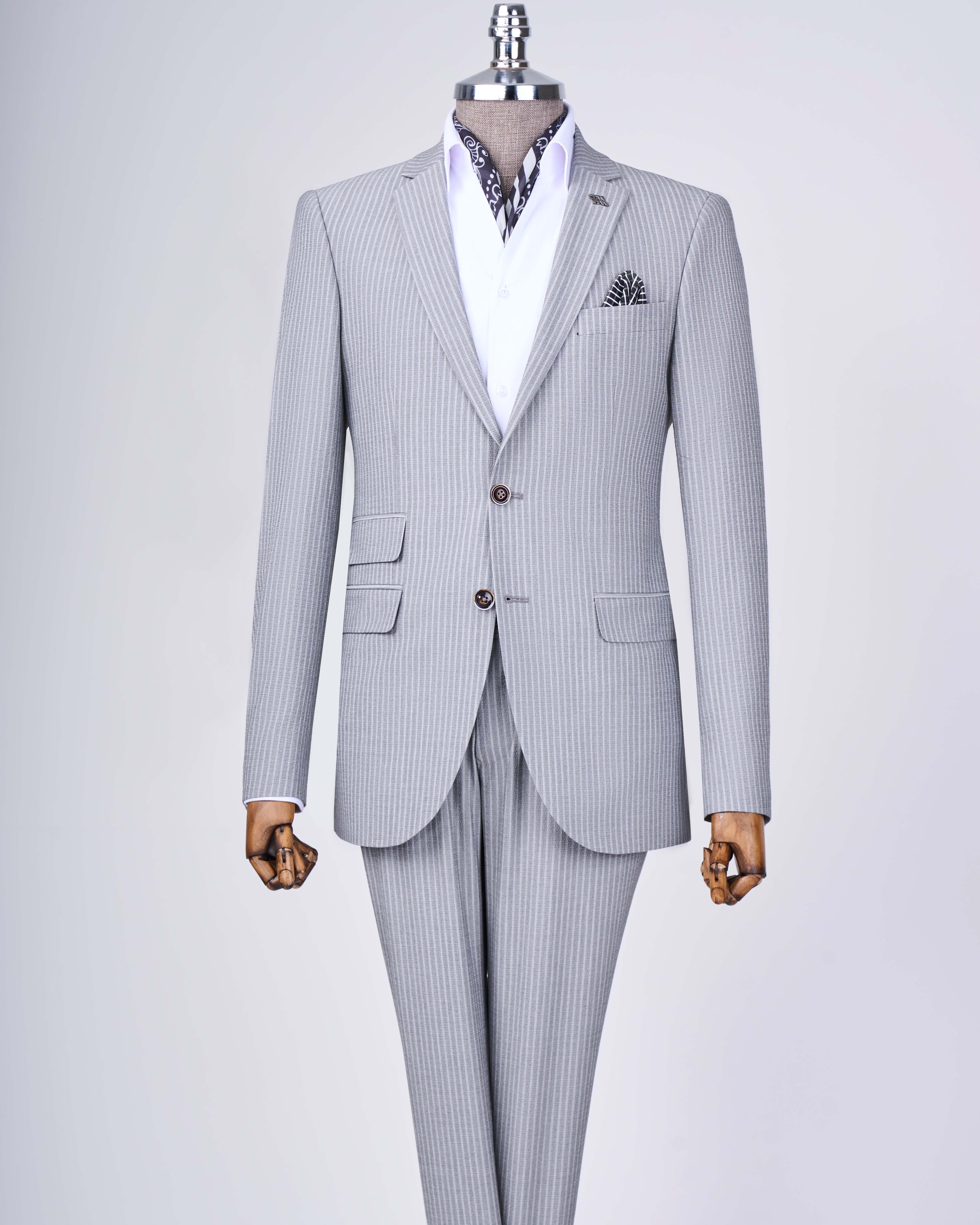 İtalyan stil slim fit çizgili ceket beli bağlamalı pantolon takım elbise gri T11793