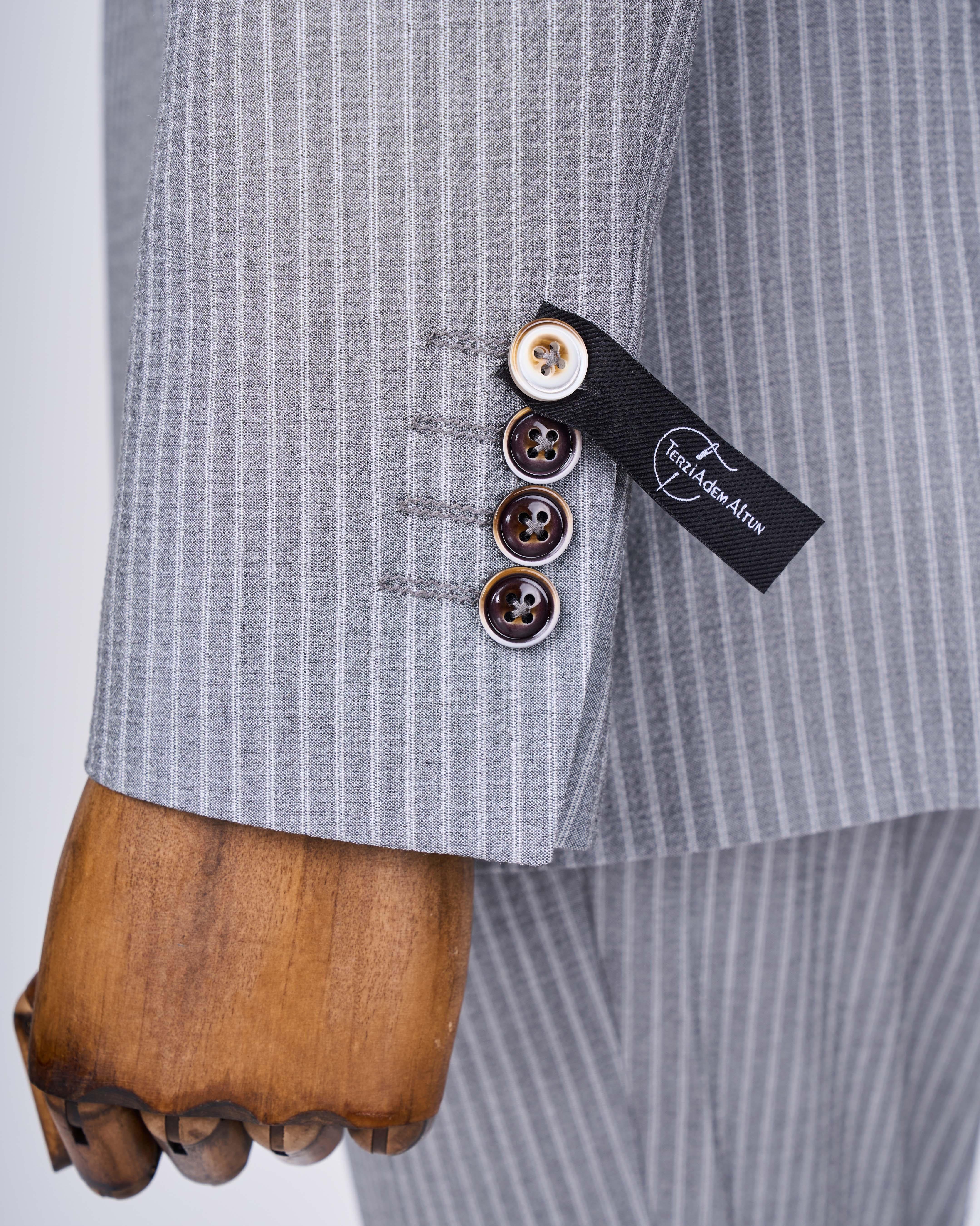 İtalyan stil slim fit çizgili ceket beli bağlamalı pantolon takım elbise gri T11793