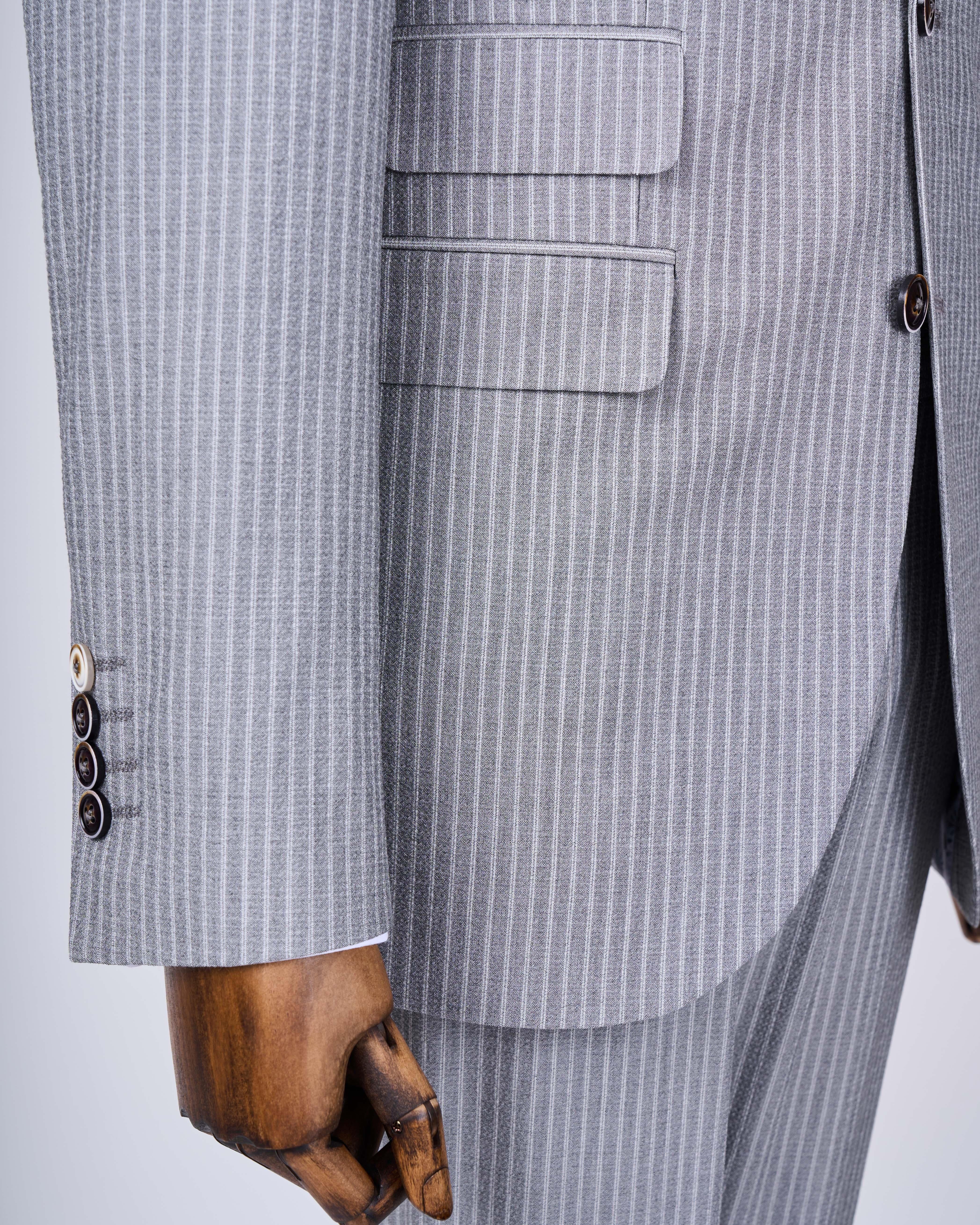 İtalyan stil slim fit çizgili ceket beli bağlamalı pantolon takım elbise gri T11793