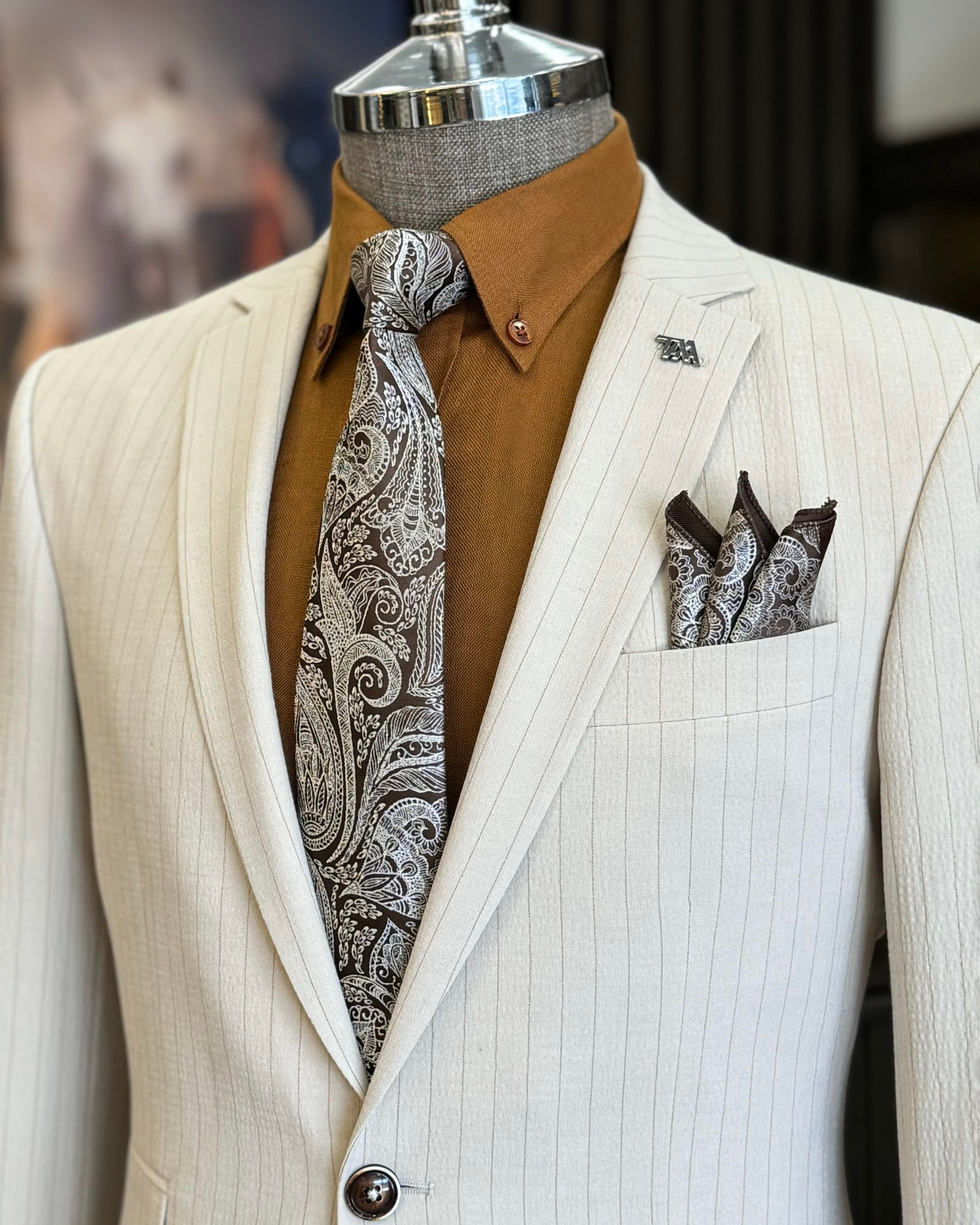 İtalyan stil slim fit çizgili ceket beli bağlamalı pantolon takım elbise bej T11811