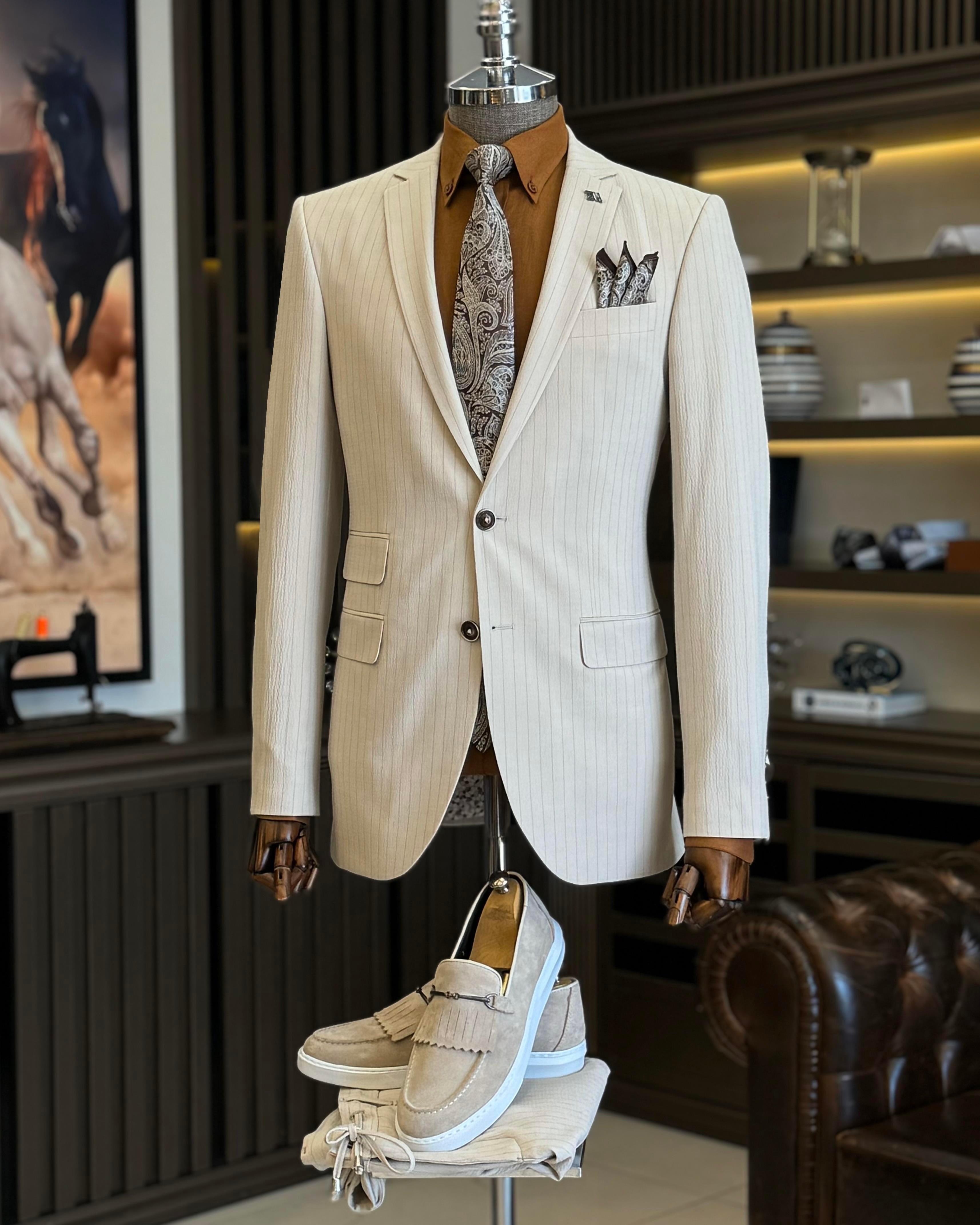 İtalyan stil slim fit çizgili ceket beli bağlamalı pantolon takım elbise bej T11811