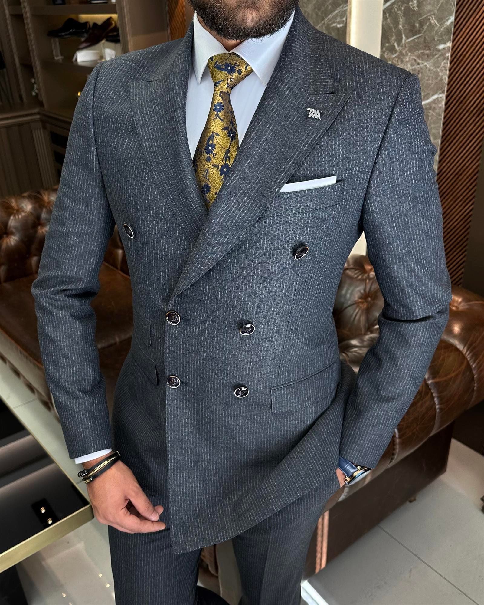 İtalyan stil slim fit çizgili ceket pantolon takım elbise lacivert T9949