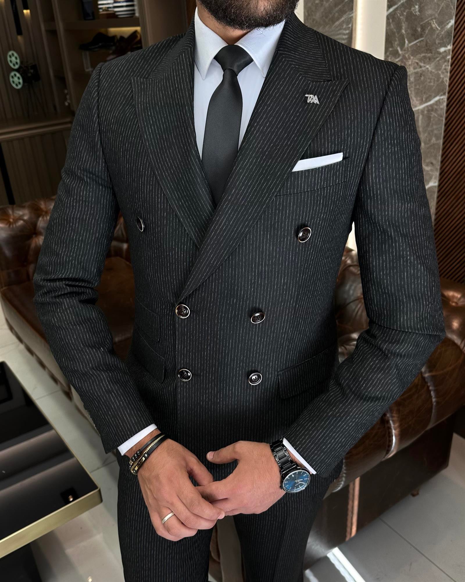 İtalyan stil slim fit çizgili ceket pantolon takım elbise siyah T9946