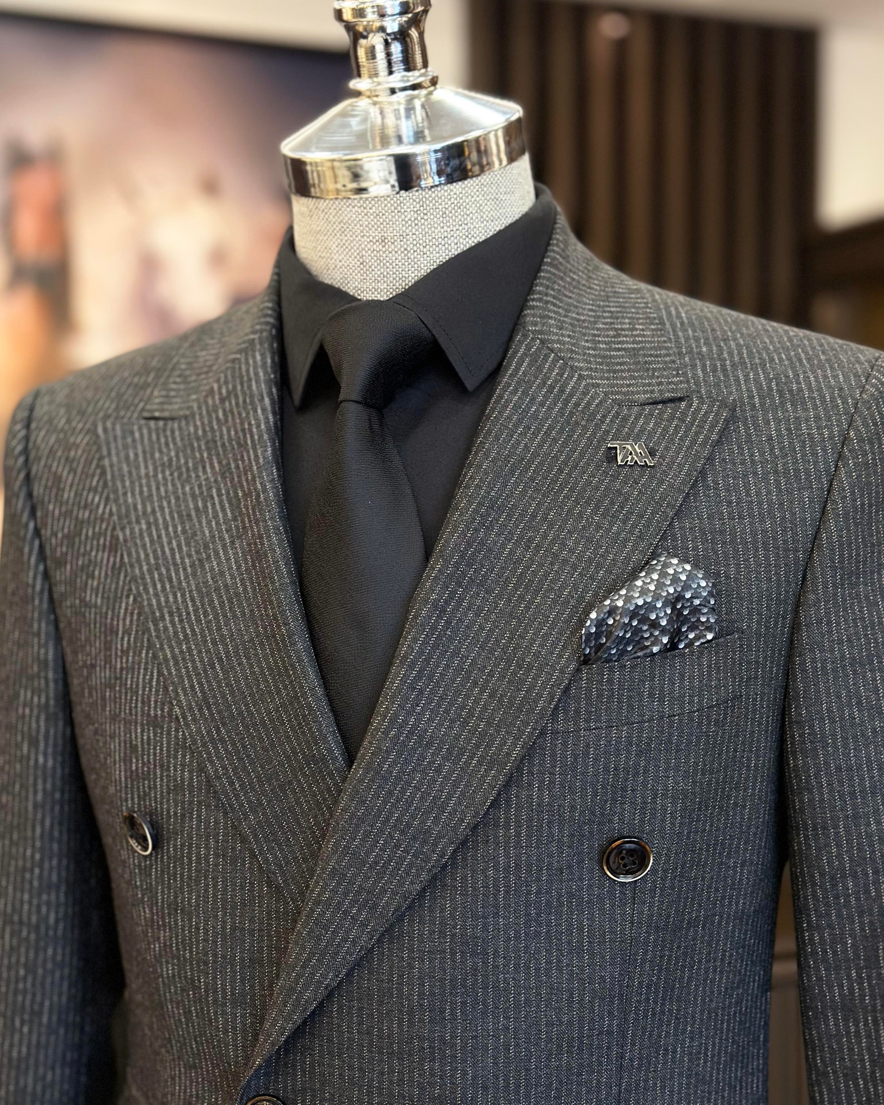 Italian style slim fit striped jacket trouser suit anthracite T9947