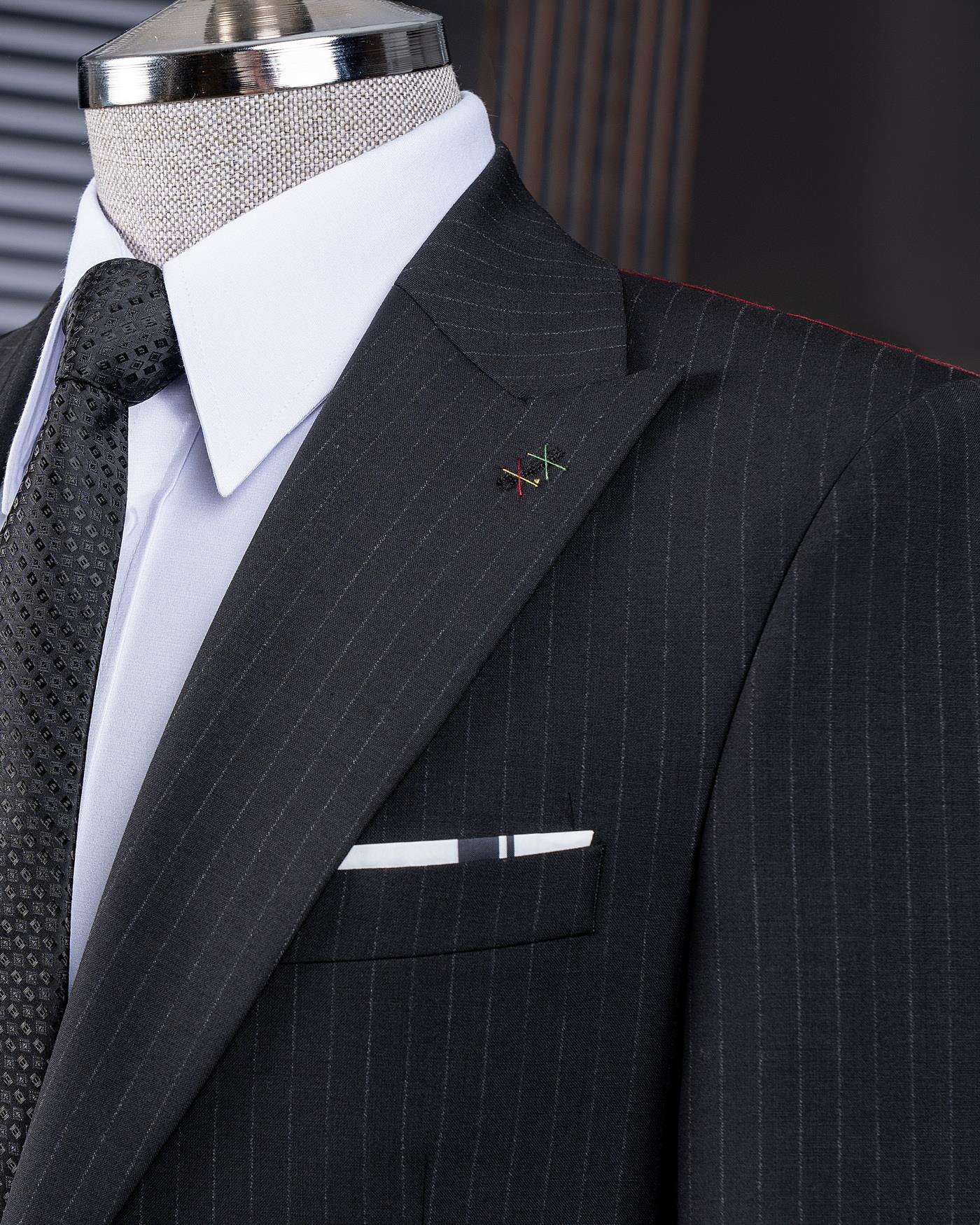 İtalyan stil slim fit çizgili ceket pantolon takım elbise siyah T14147