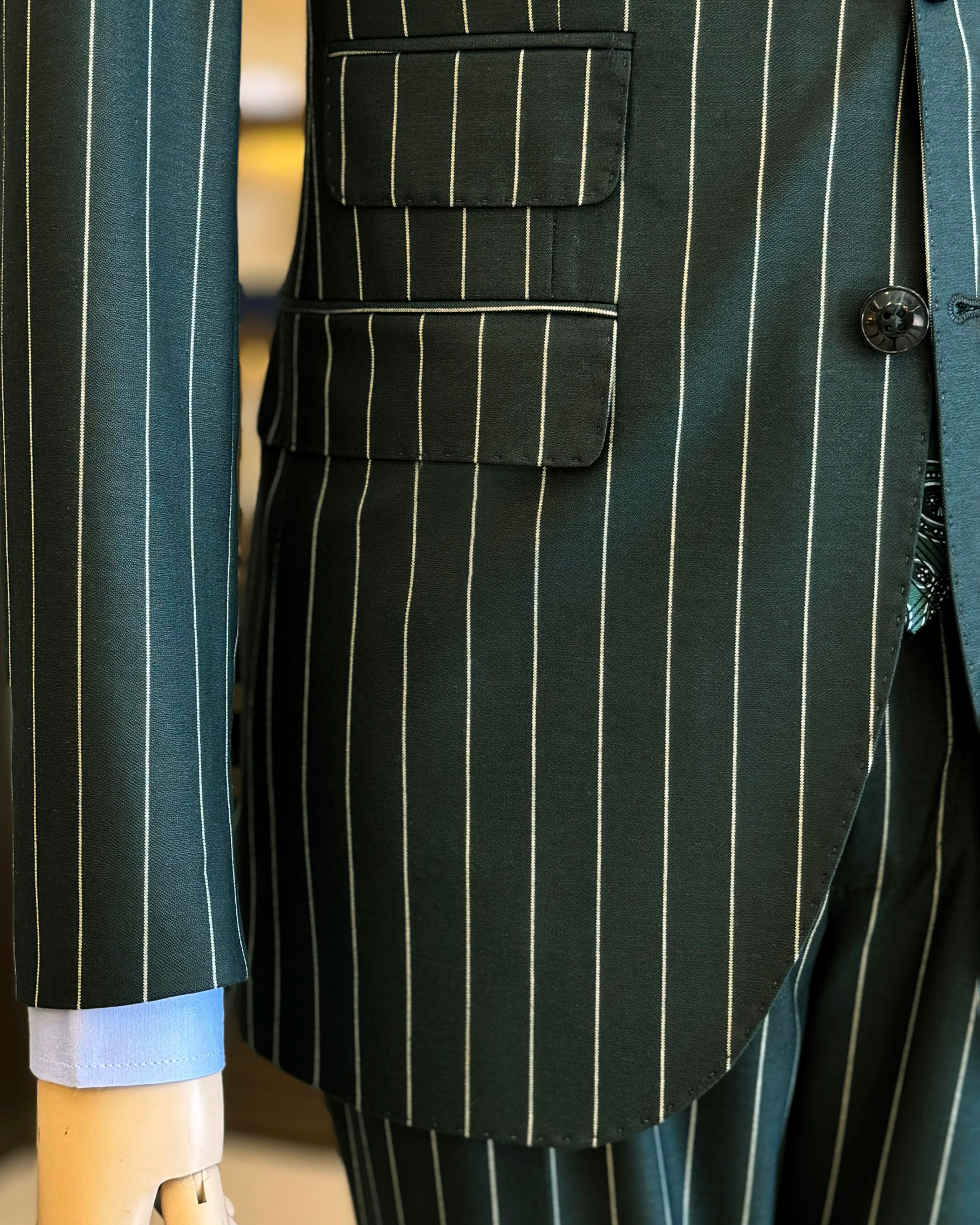İtalyan stil slim fit çizgili ceket pantolon takım elbise yeşil T11930