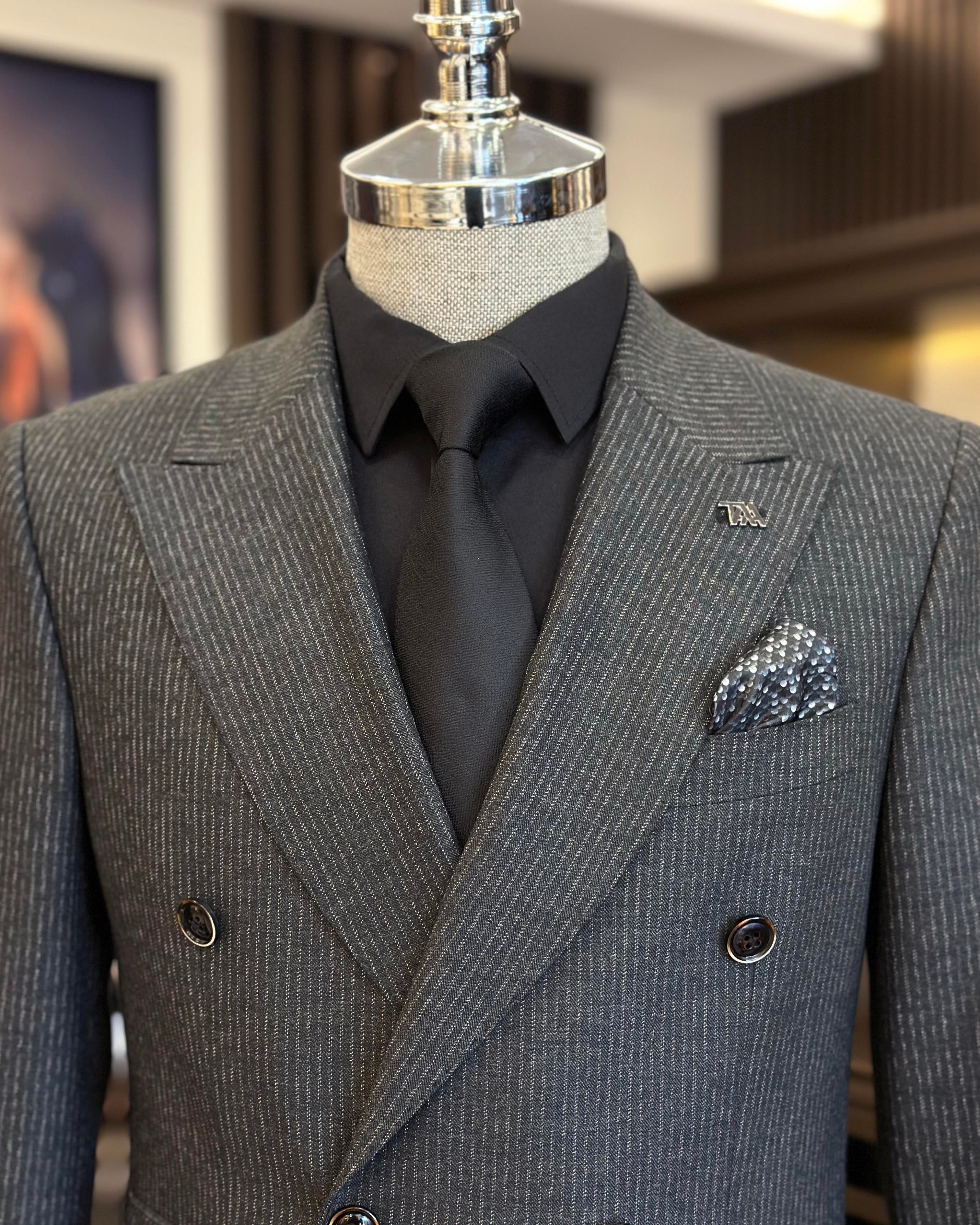 Italian style slim fit striped jacket trouser suit anthracite T9947