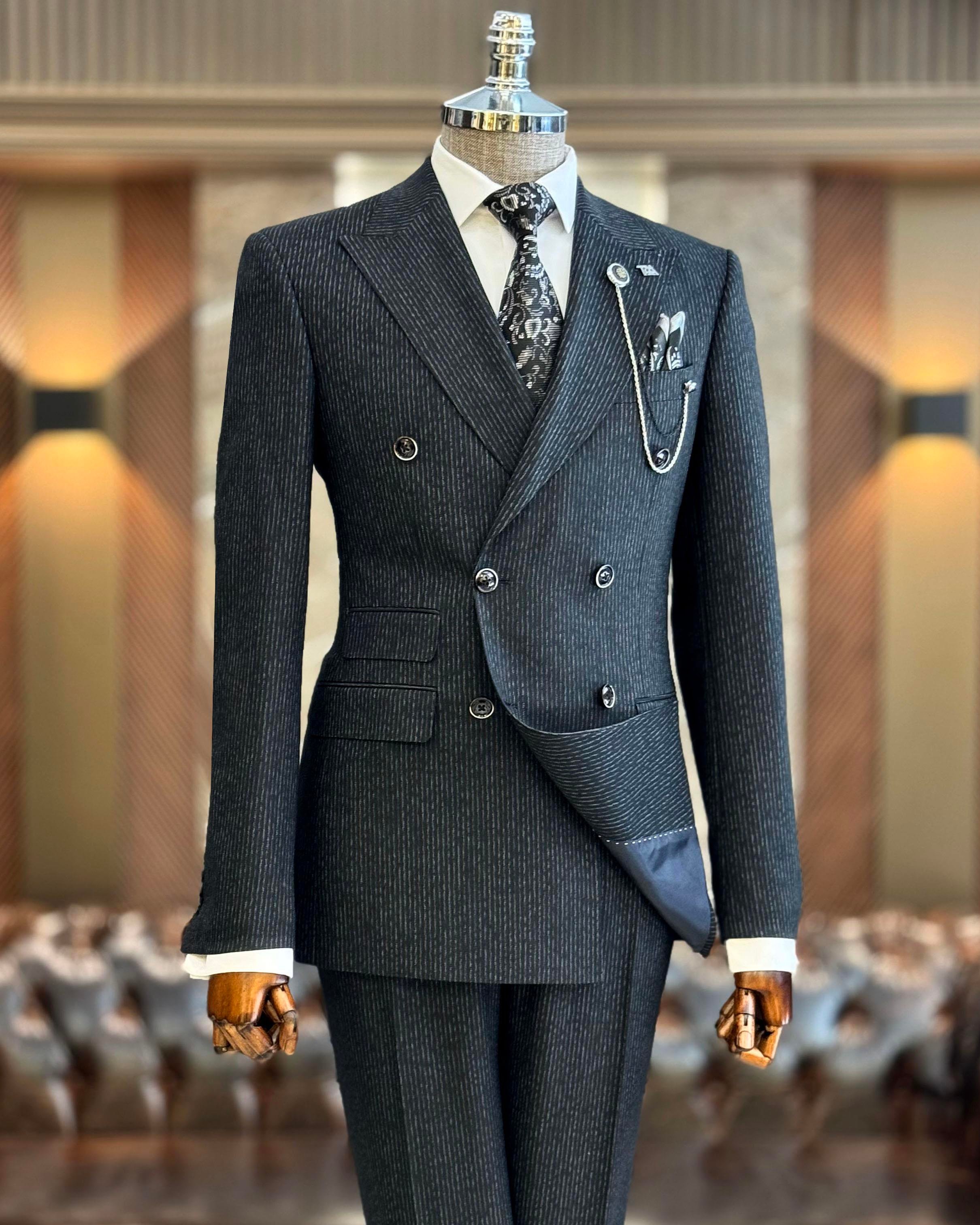 İtalyan stil slim fit çizgili ceket pantolon takım elbise lacivert T9948