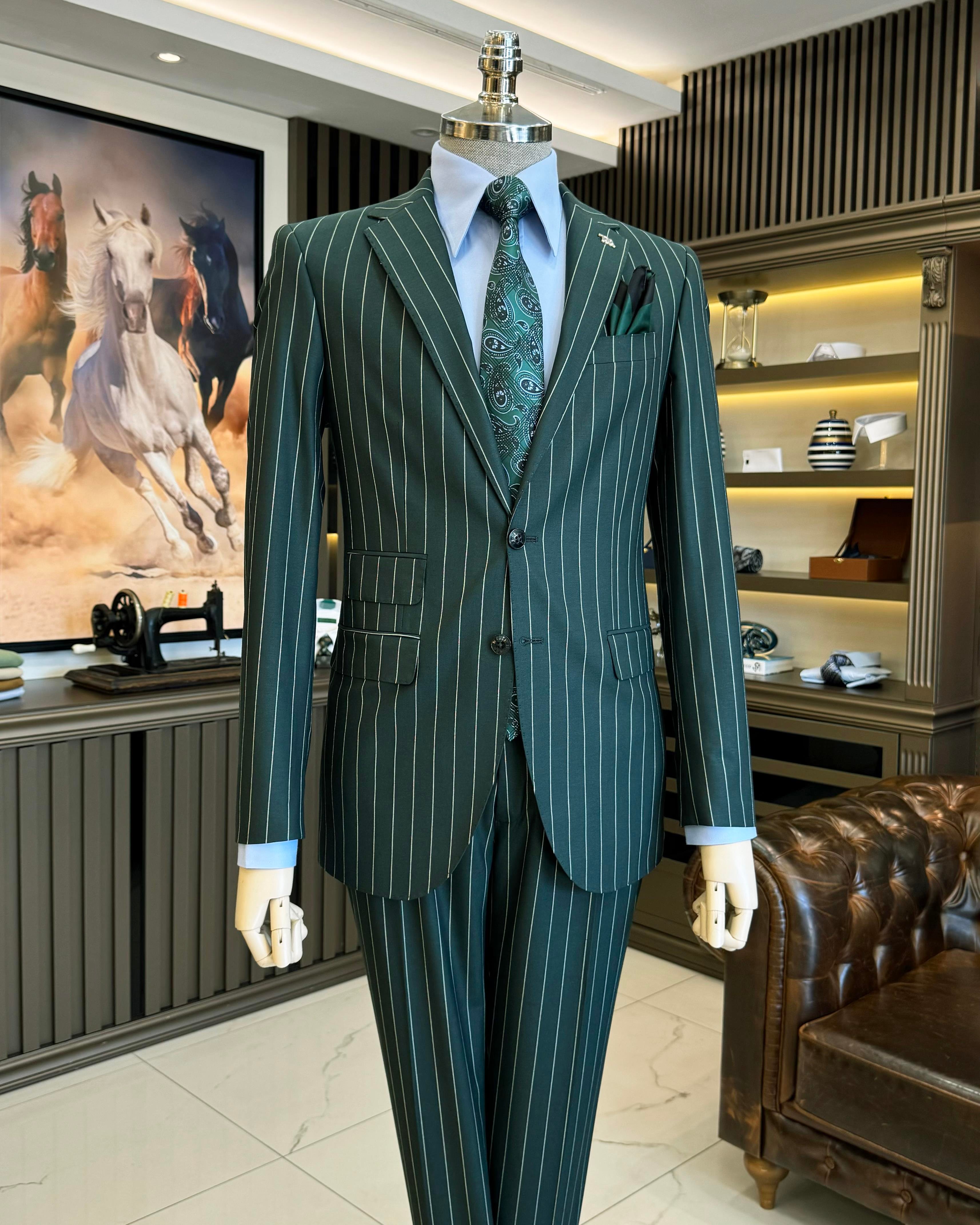 İtalyan stil slim fit çizgili ceket pantolon takım elbise yeşil T11930