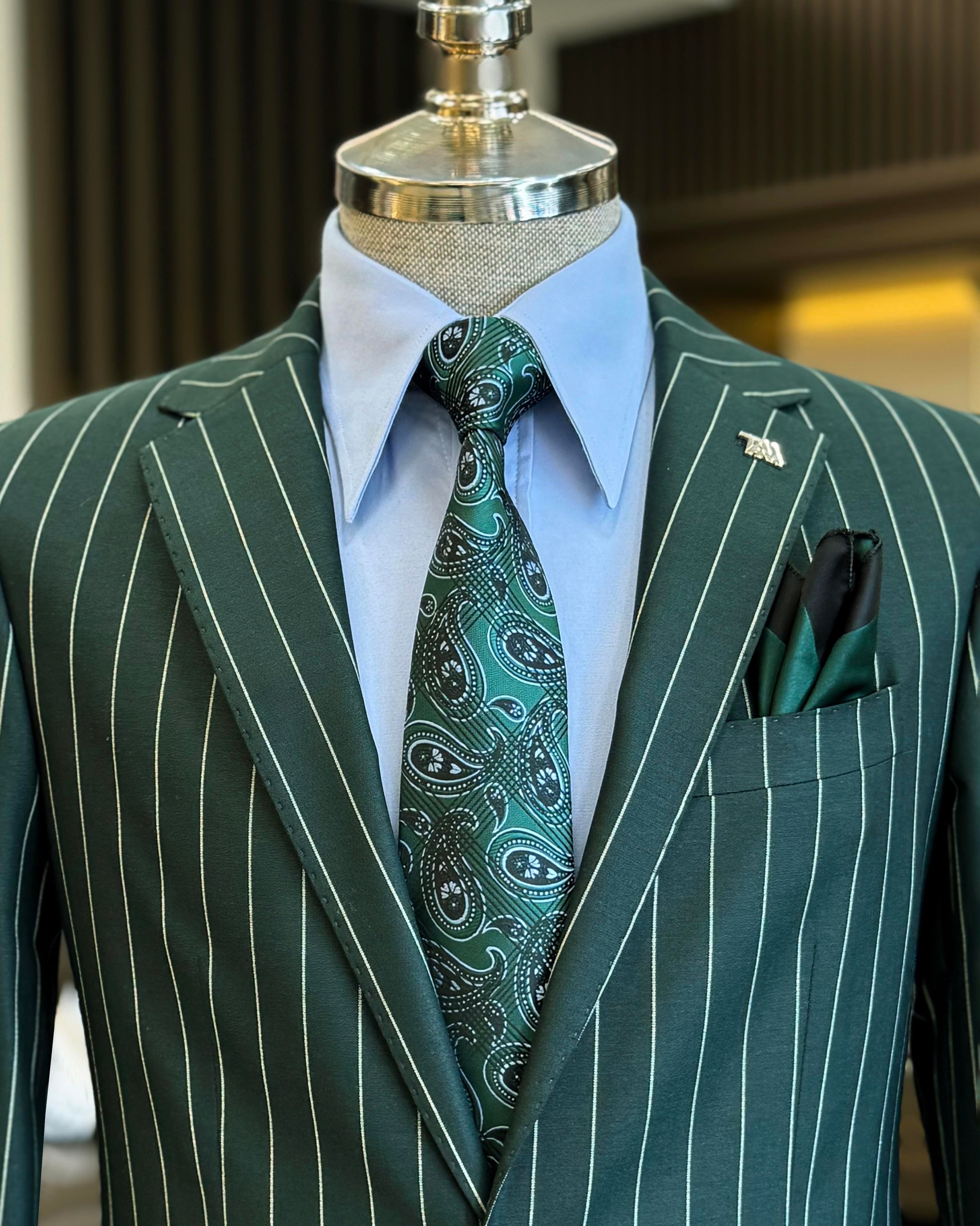 İtalyan stil slim fit çizgili ceket pantolon takım elbise yeşil T11930