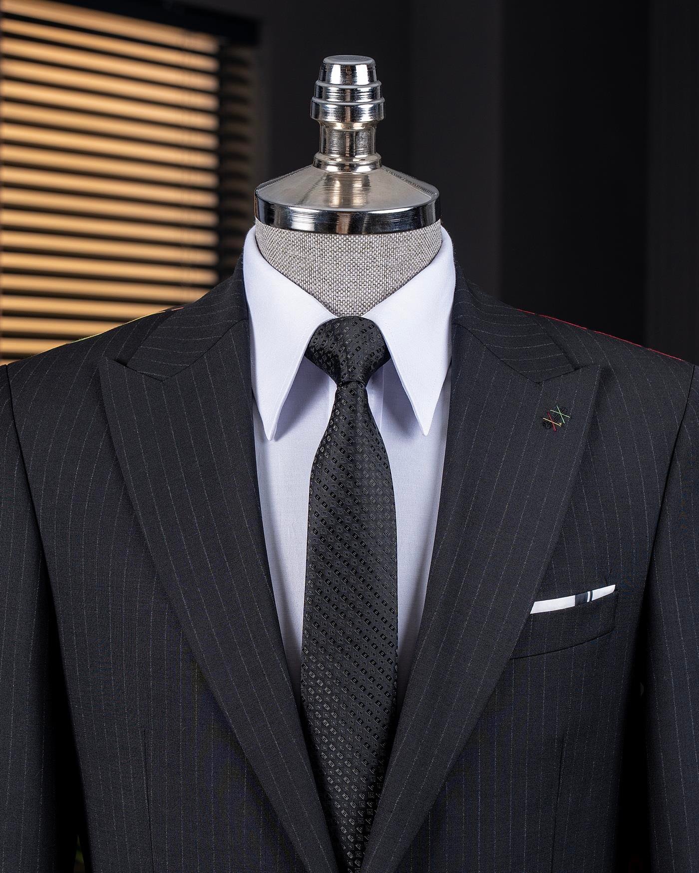 İtalyan stil slim fit çizgili ceket pantolon takım elbise siyah T14147