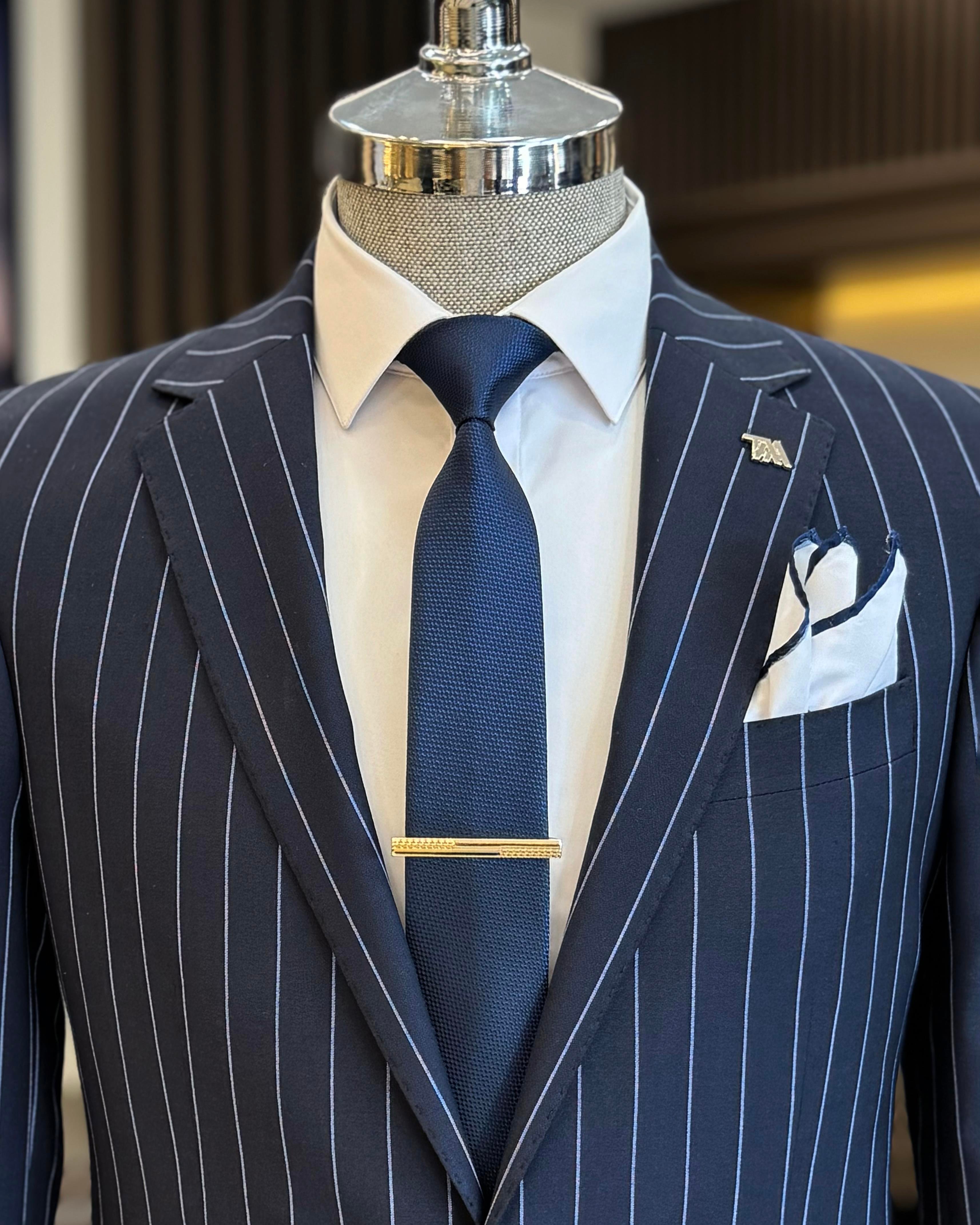 İtalyan stil slim fit çizgili ceket pantolon takım elbise lacivert T11928
