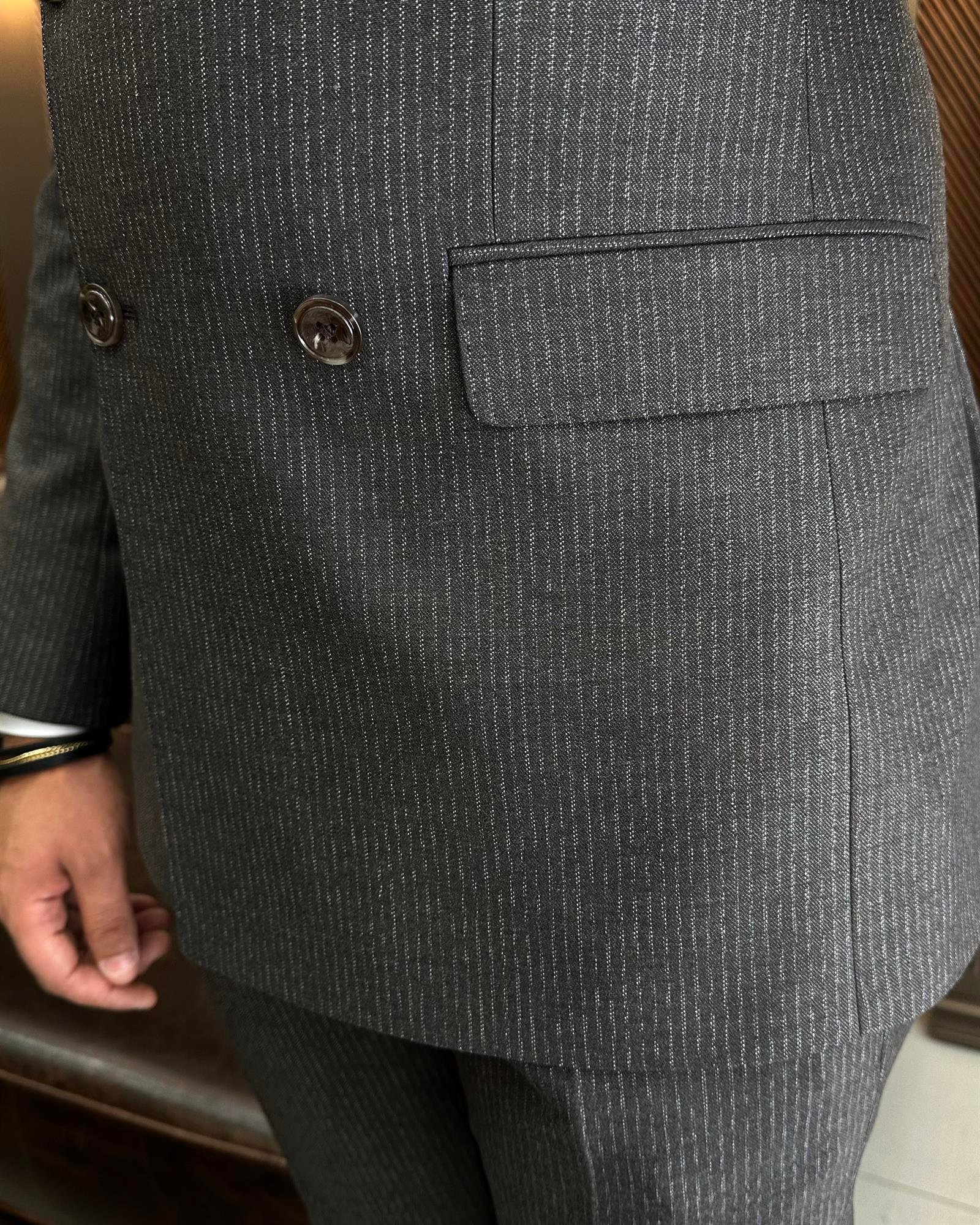 İtalyan stil slim fit çizgili ceket pantolon takım elbise kahverengi T9944