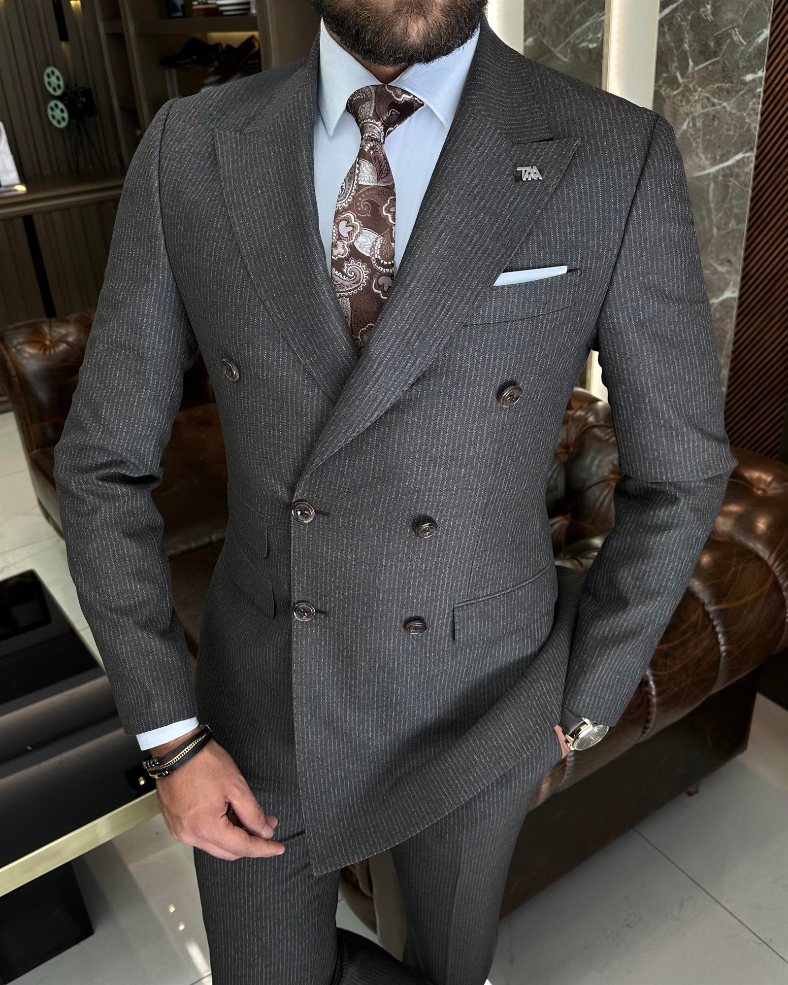 İtalyan stil slim fit çizgili ceket pantolon takım elbise kahverengi T9944